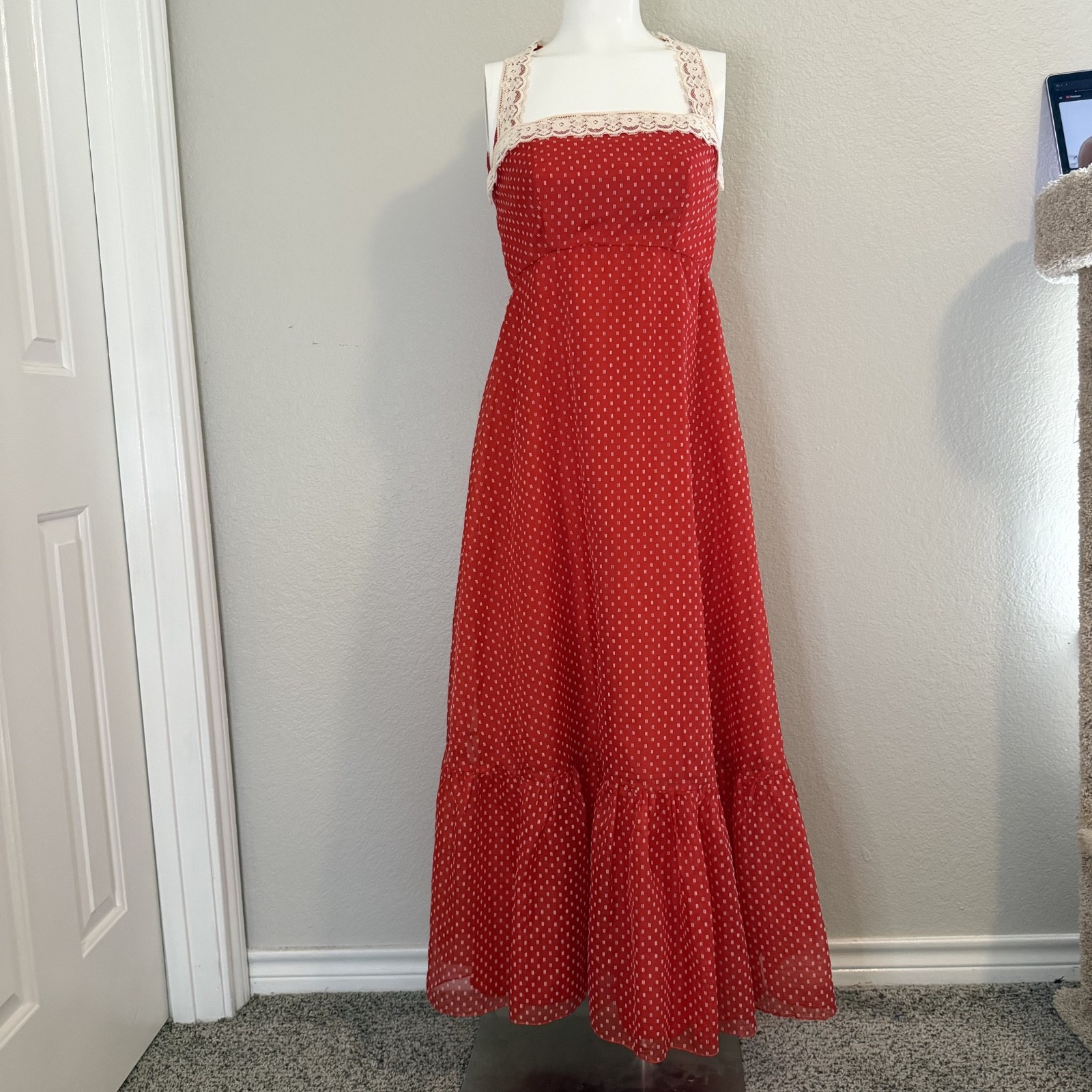 70’s red and white Swiss dot Lorrie Deb union made dress
