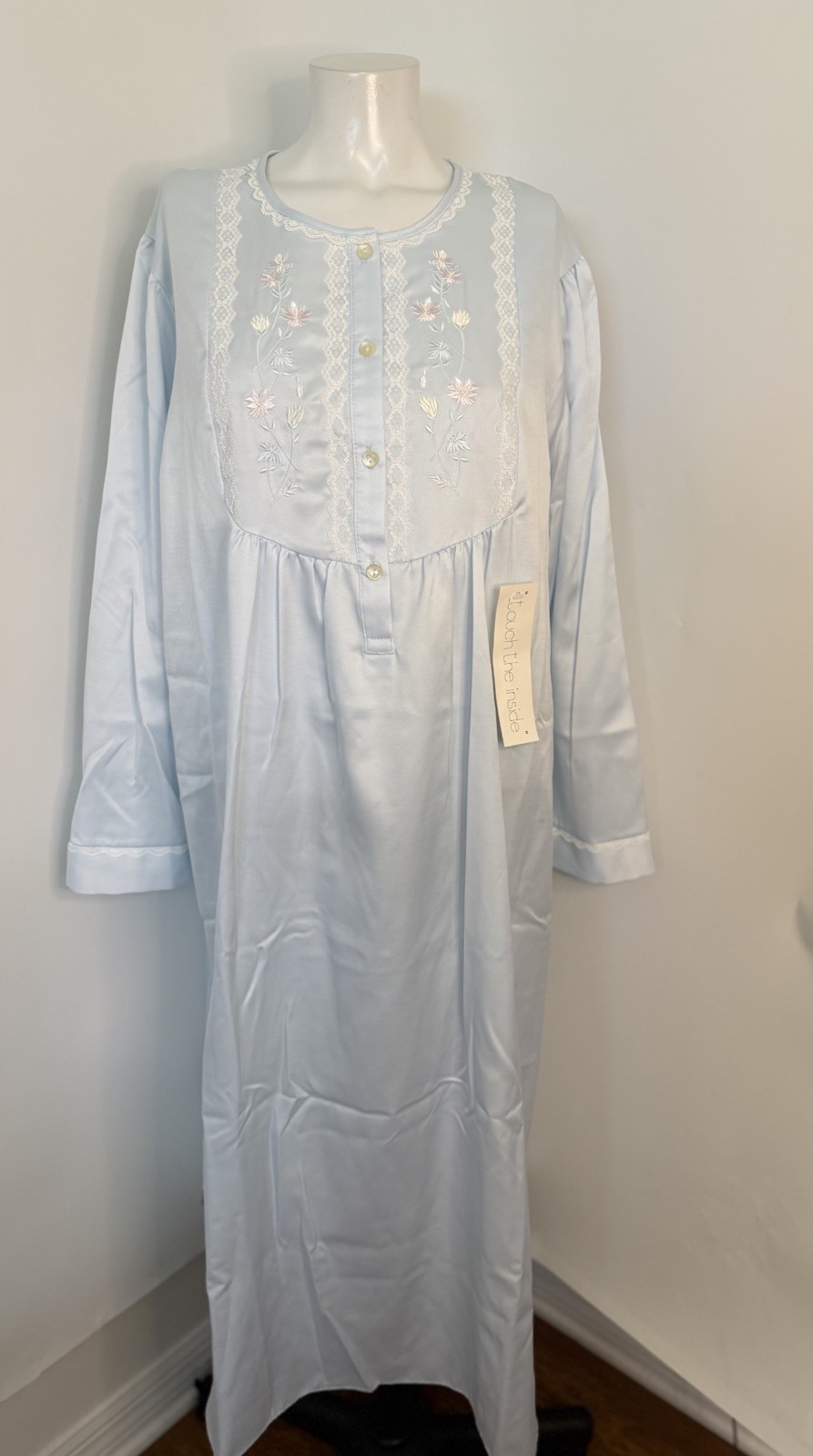 Vintage Miss Elaine XL Granny Long Nightgown Gown Lt Blue Embroidered Lace NWT