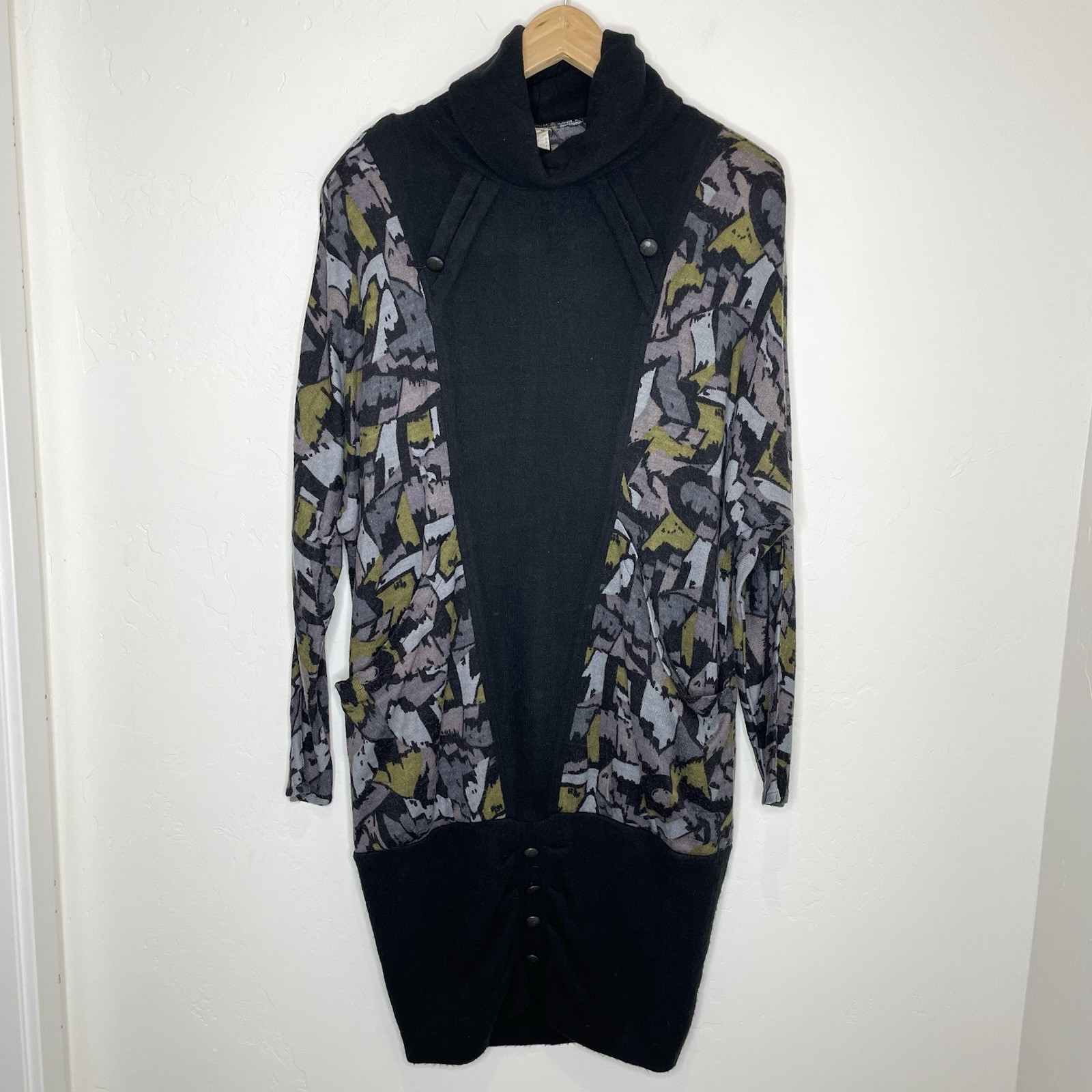 Vintage France Wool Blend Cowl Neck Abstract Print Sweater Dress Womens Medium