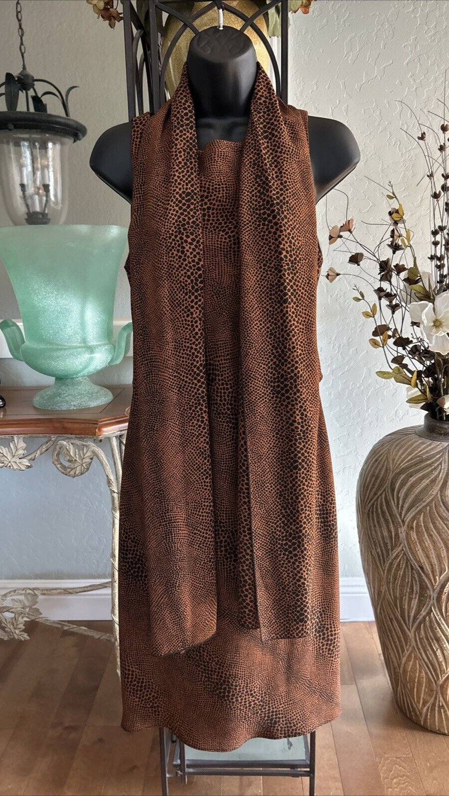 Geary Roarke Kamisato Animal Print Dress Sz 6 Boat Neck Low Back Matching Scarf