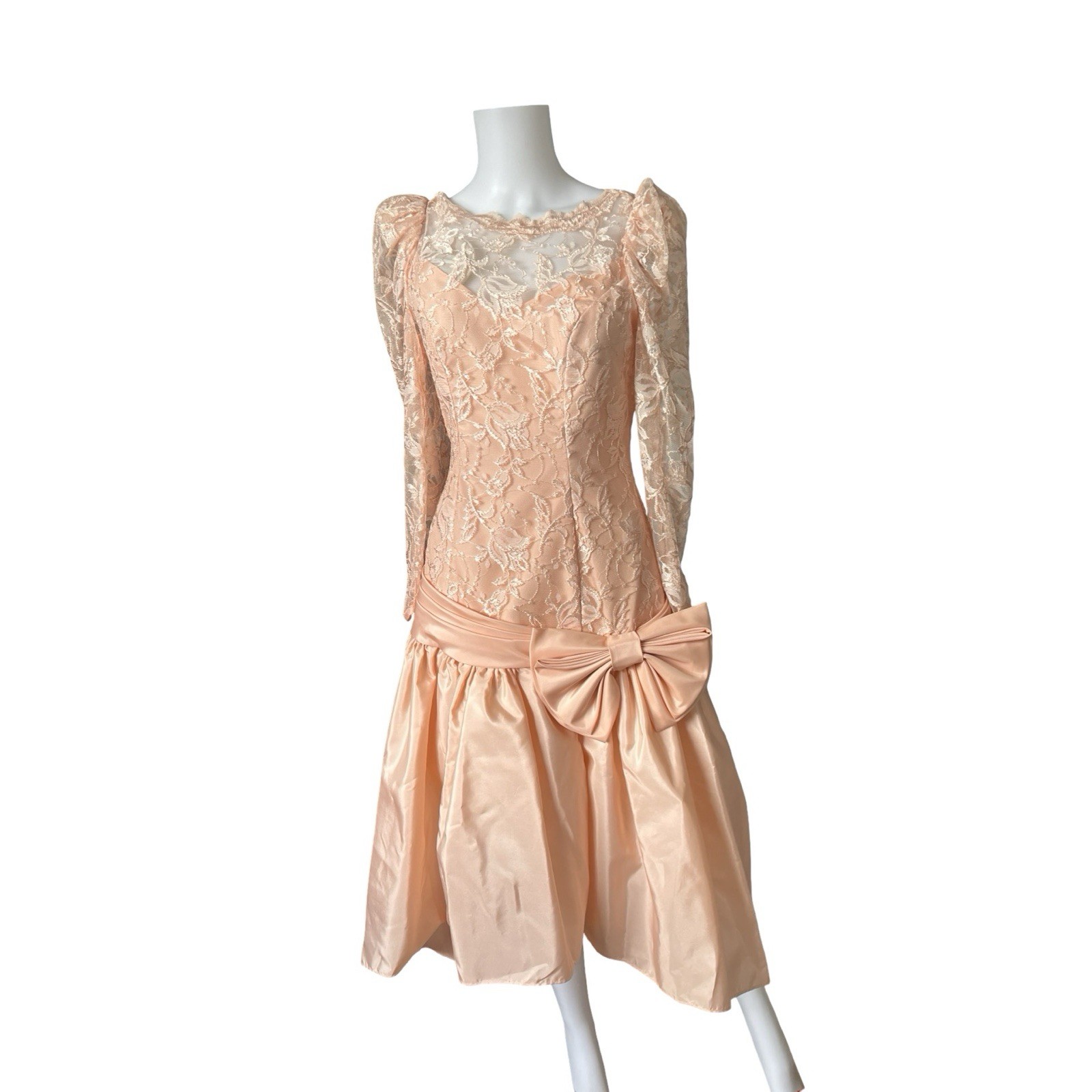 Vintage 80s Prom Dress Peach Large Bow Lace Taffeta Drop Waist Womens Size 8