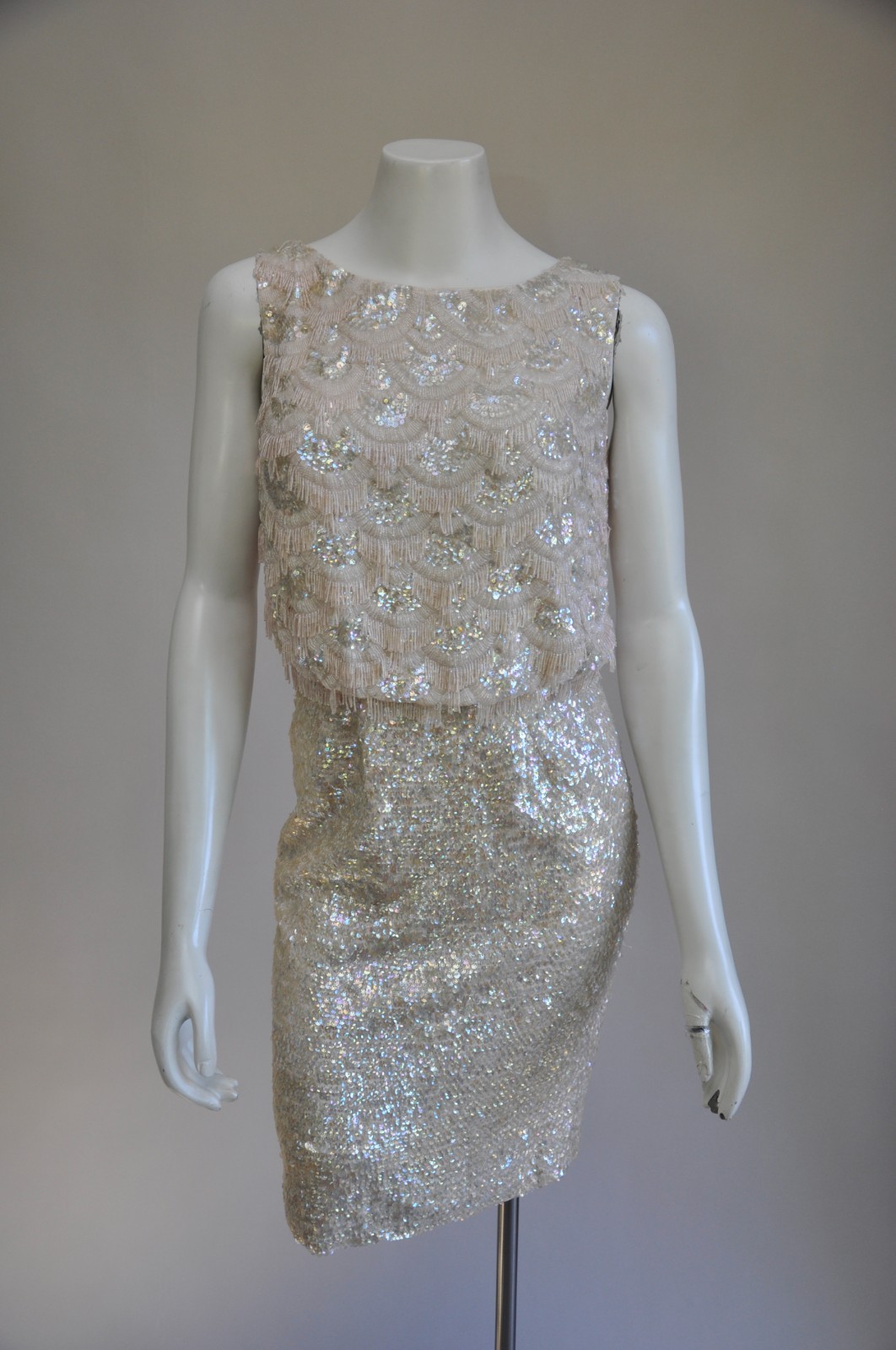 Vintage 1960s Rainbow Iridescent Pink Blue Beaded Sequin Party Wedding Dress XS