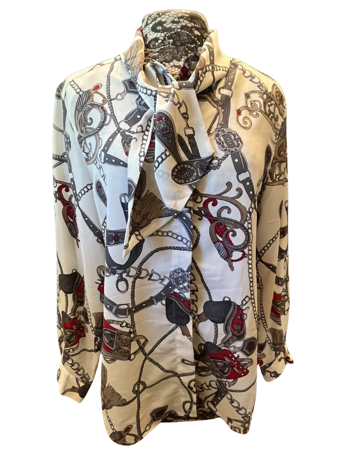 Vintage 90s Equestrian Chain Tie Neck Blouse 16 Button Up Mob Wife Granny Core