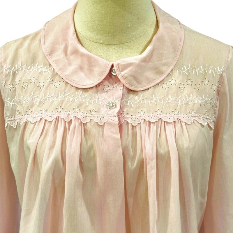 VTG Pink Bed Jacket M Sheer Lace Embroidered Lingerie Boudoir Soft Coquette Top