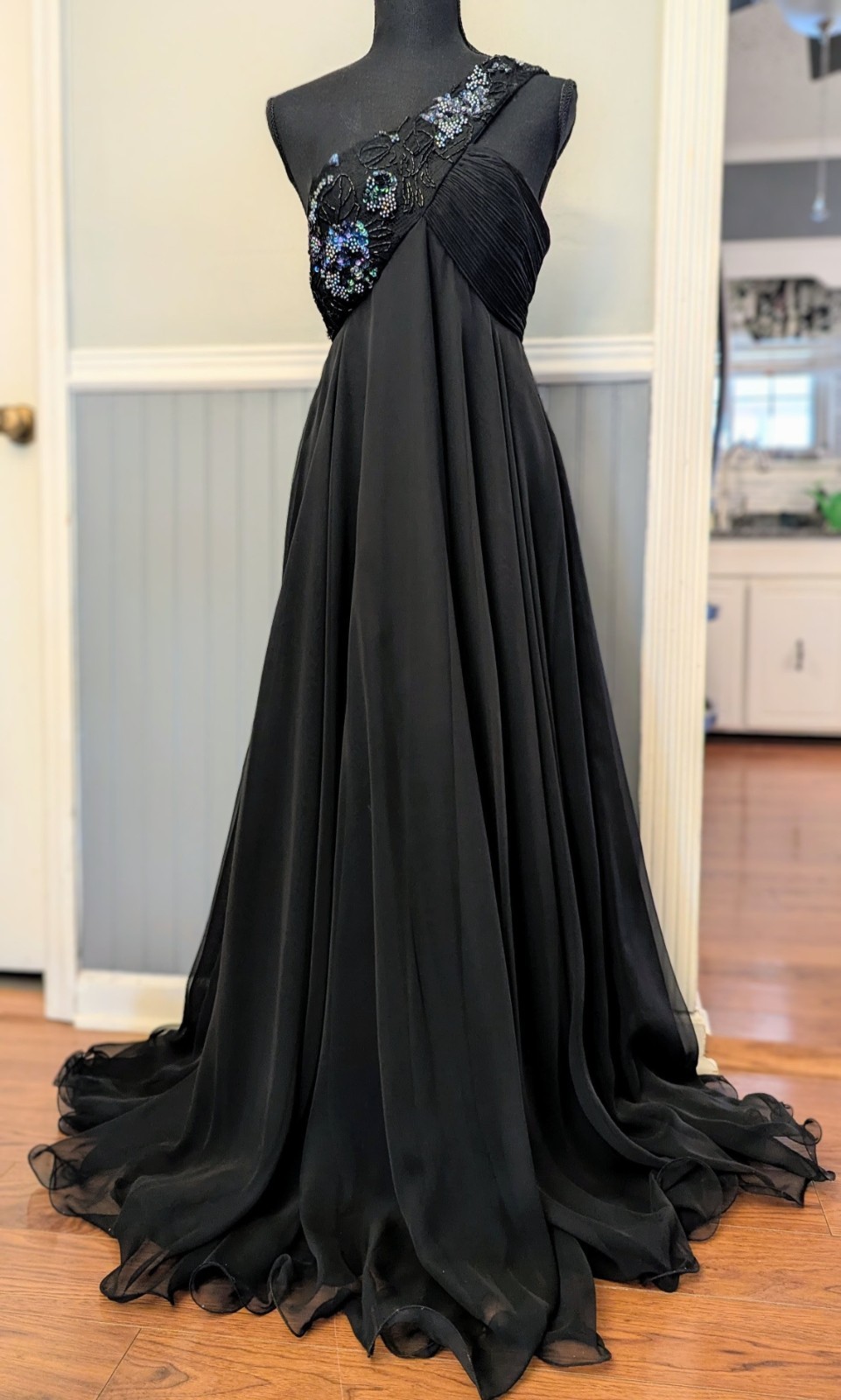 VTG 80s Rose Taft For Couture Fashions One Shoulder Beaded Black Evening Gown