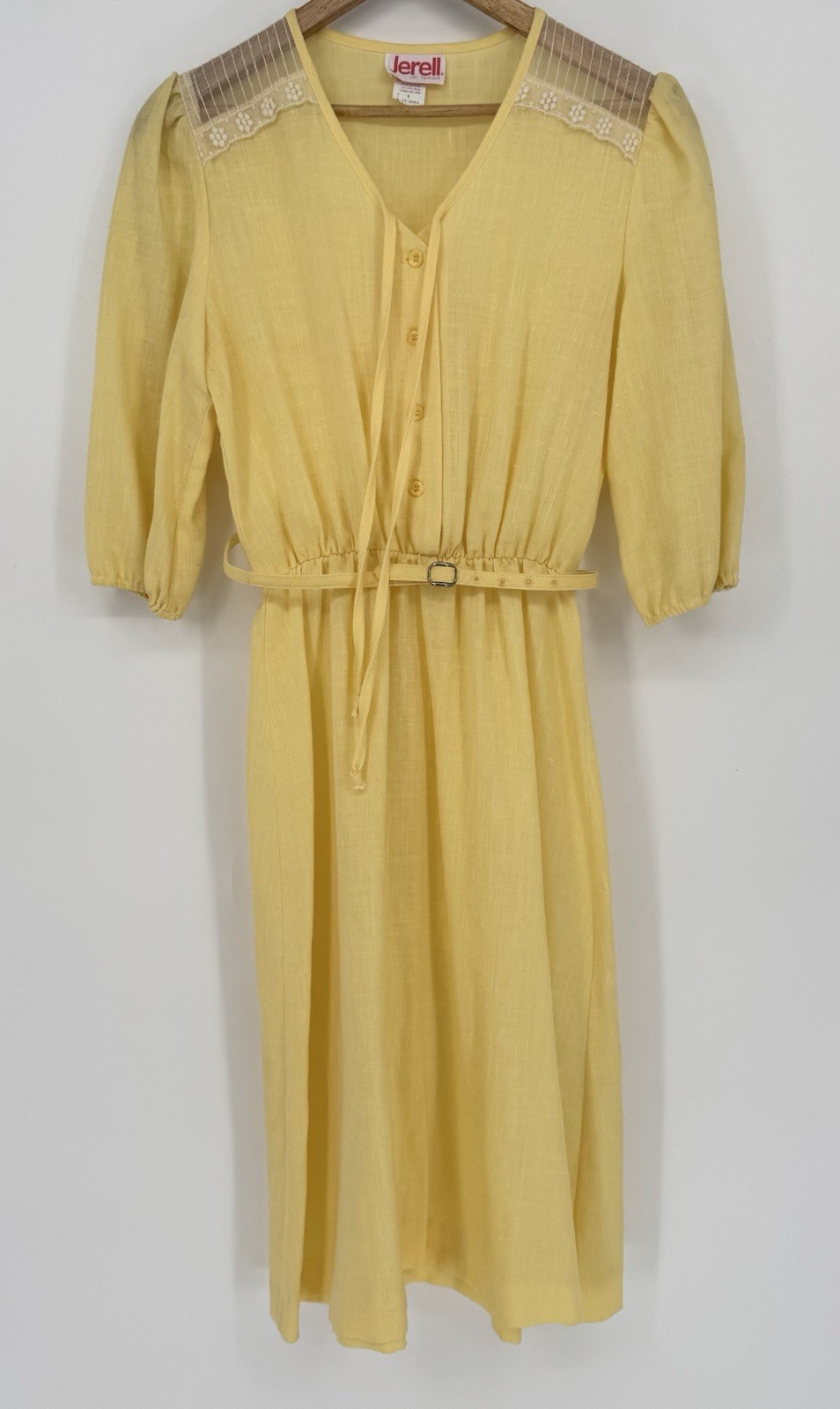 70s Jerell Yellow Secretary Dress Crochet Mesh Sheer Shoulder Boho Midi Size 9
