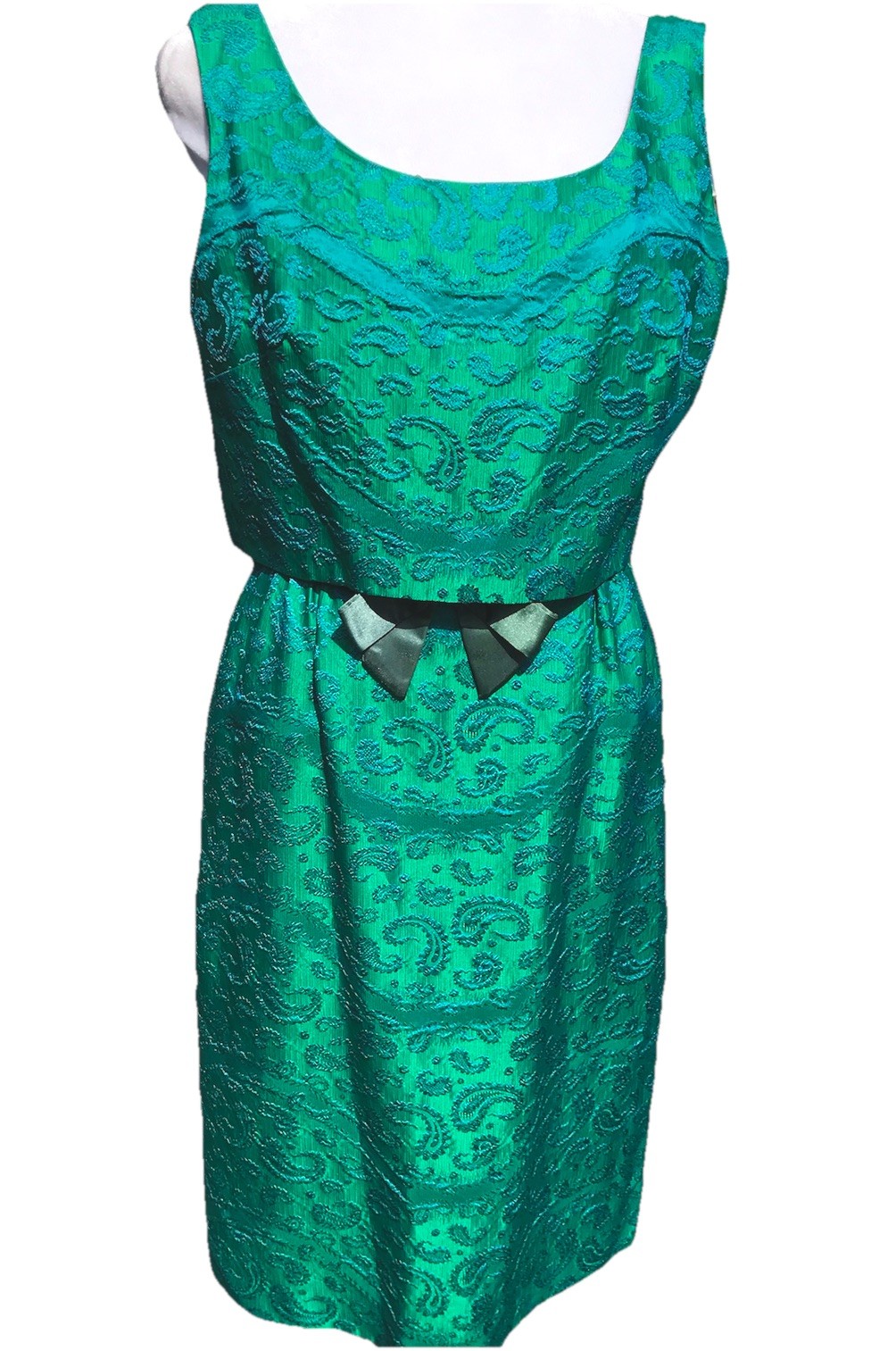 Vtg 50s 60s Brocade Fit Flare Blue Green S Cocktail Mod Party Business Dress HTF