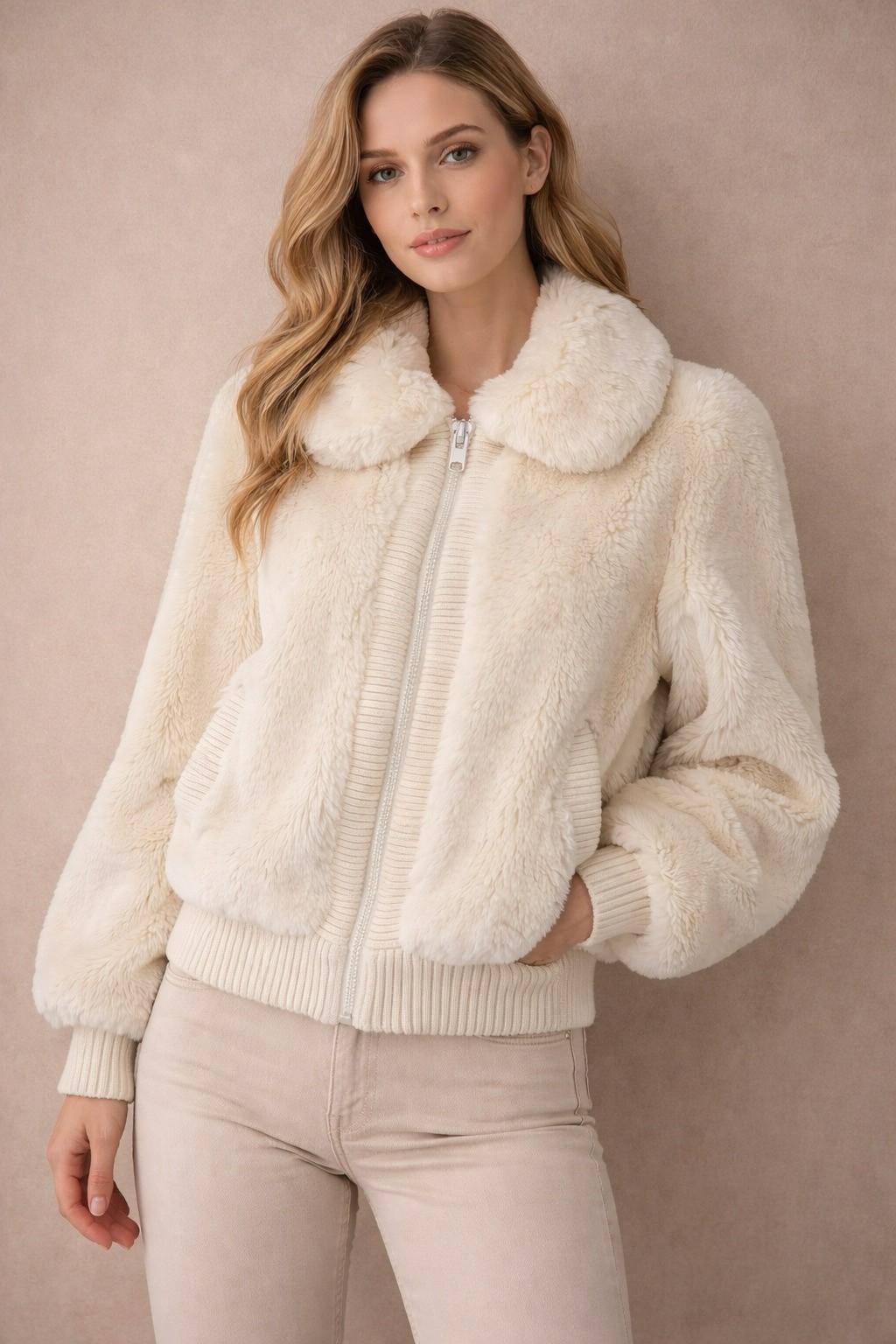 Vintage Adolf Schuman for Lilli Ann Ivory Fur Bomber Jacket Zip Front M
