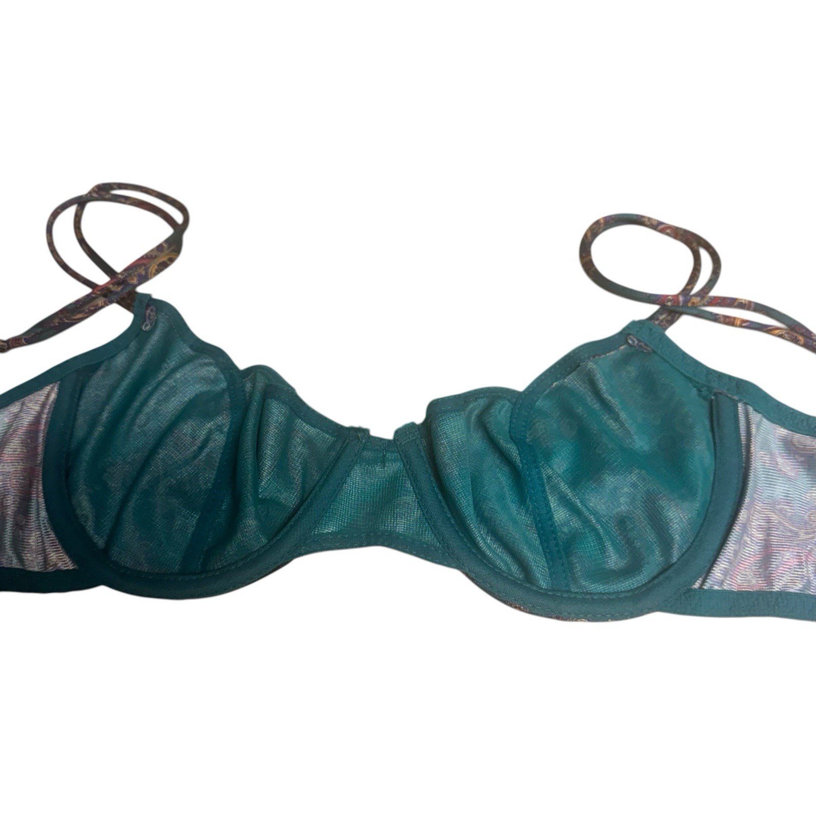 Vintage Victorias Secret Bra 36A Satin Green Jewel Paisley Underwire Gold Label