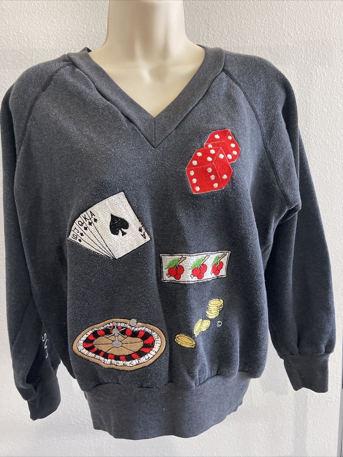 Vintage 70s Cyn Les Shirlee Designs V-Neck Gambling Sweater Medium Dice Vegas