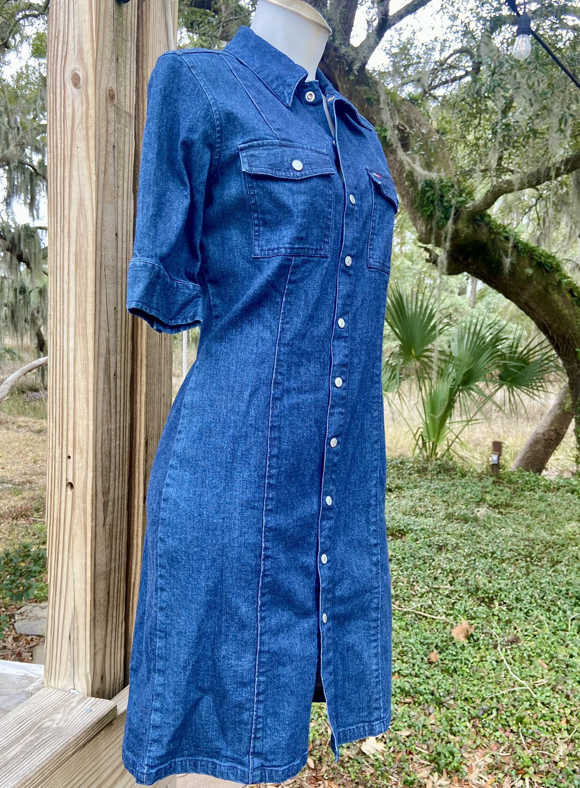 Vintage 2002 Y2K Tommy Hilfiger Dark Wash Denim Shift Dress Preppy XS/S