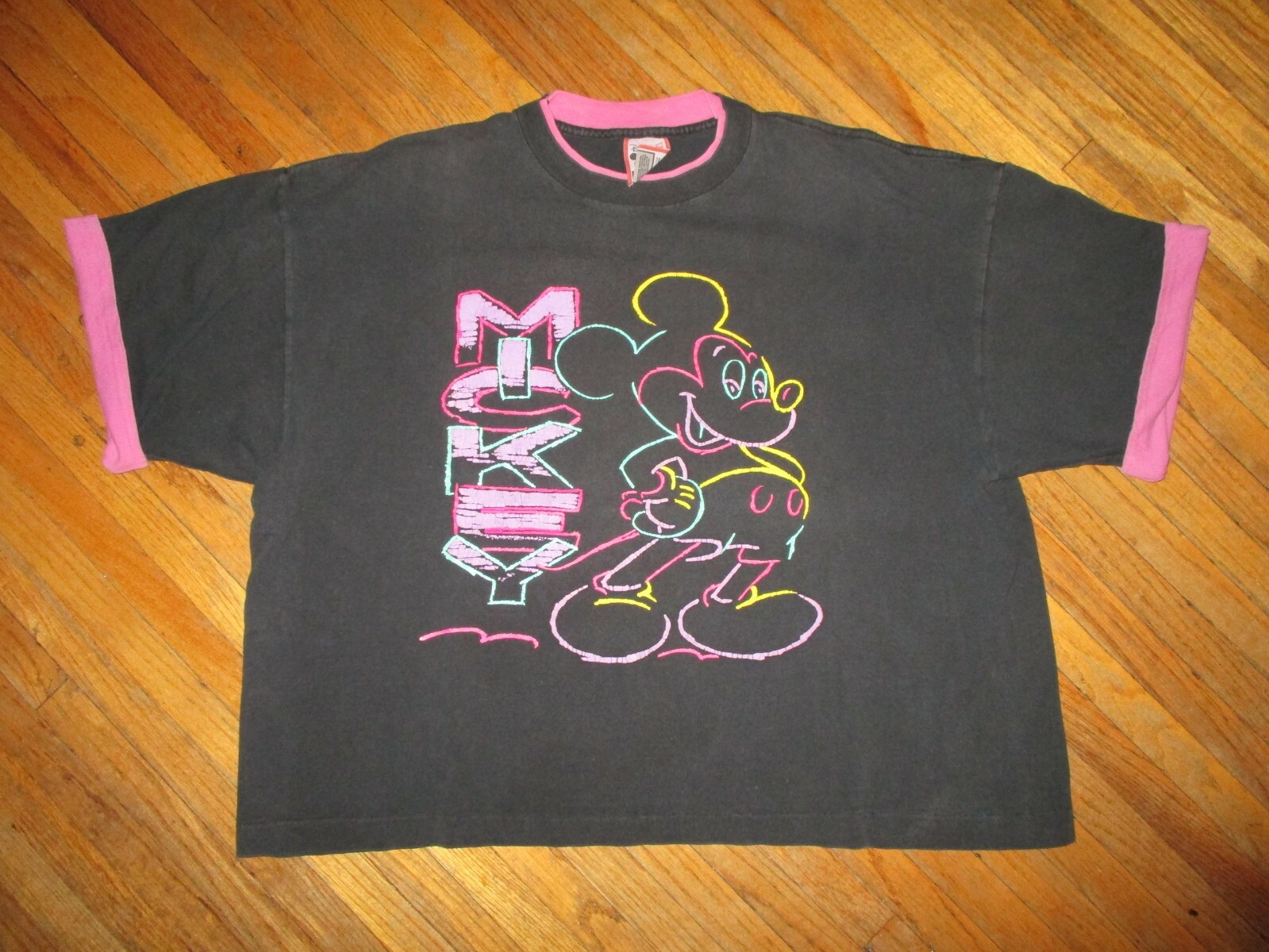 vtg 1980s 90s DISNEY WORLD MICKEY MOUSE CROP TOP Purple Ringer Neon DayGlo OSFA