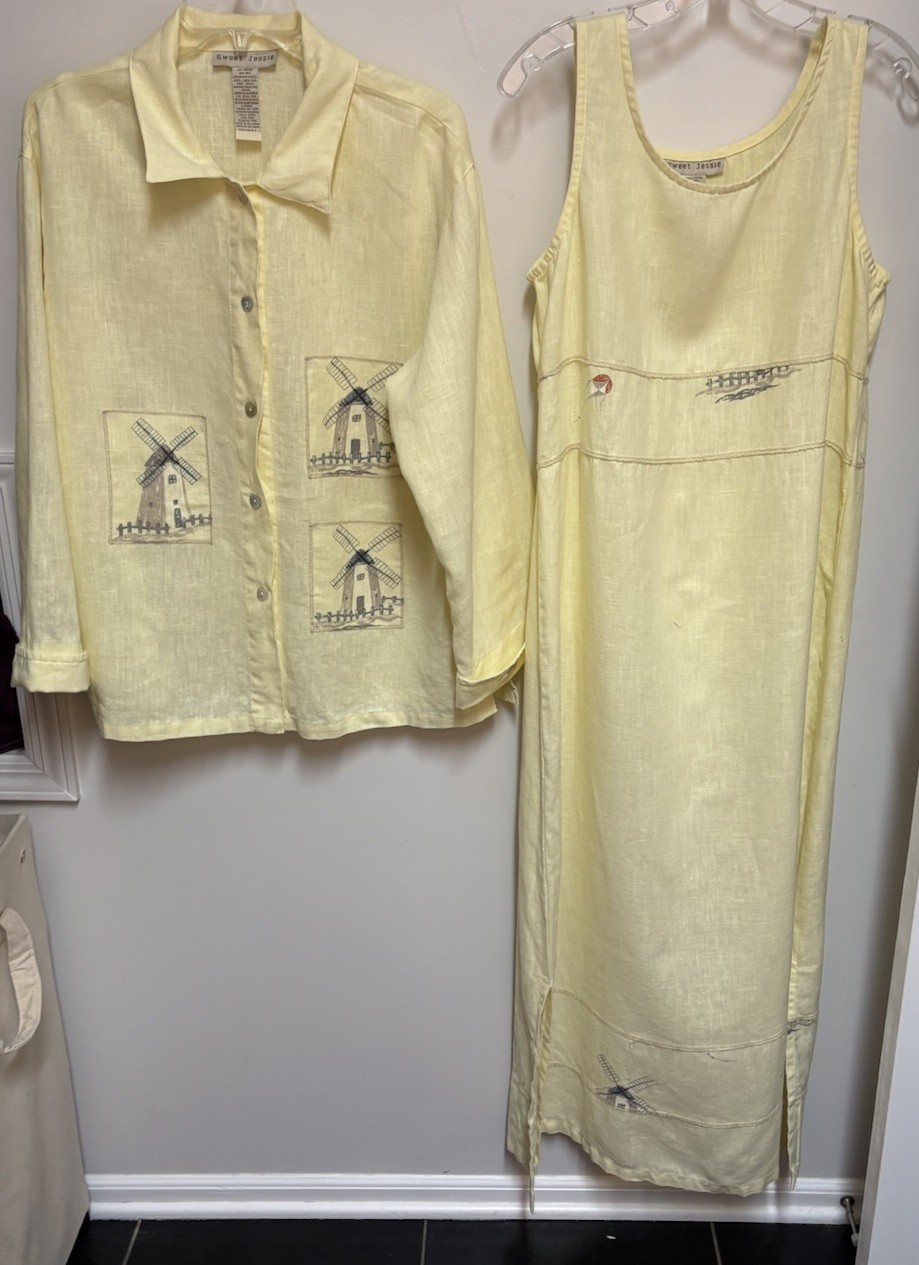 Vintage Sweet Jesse Lagenlook 2 Piece Linen Dress Set Dutch Windmill Design Lg