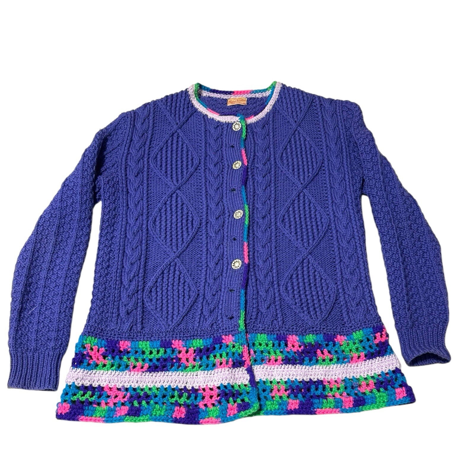 Vintage Hand Knitted Wool Women Cardigan Sweater Cable Knit Crochet England 1950