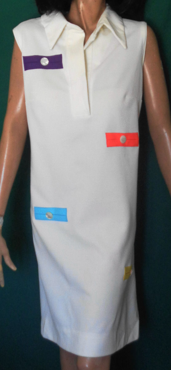 Vintage White Polyester Dress Colored Tabs B38