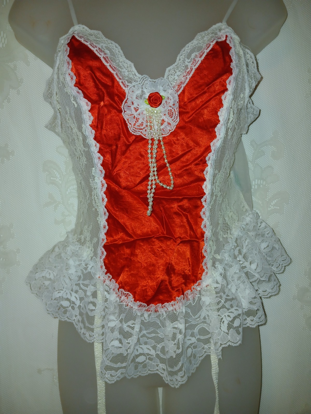 Vintage 80s Nan Flower Red Satin White Ruffled Lace Teddy Lingerie Garters M