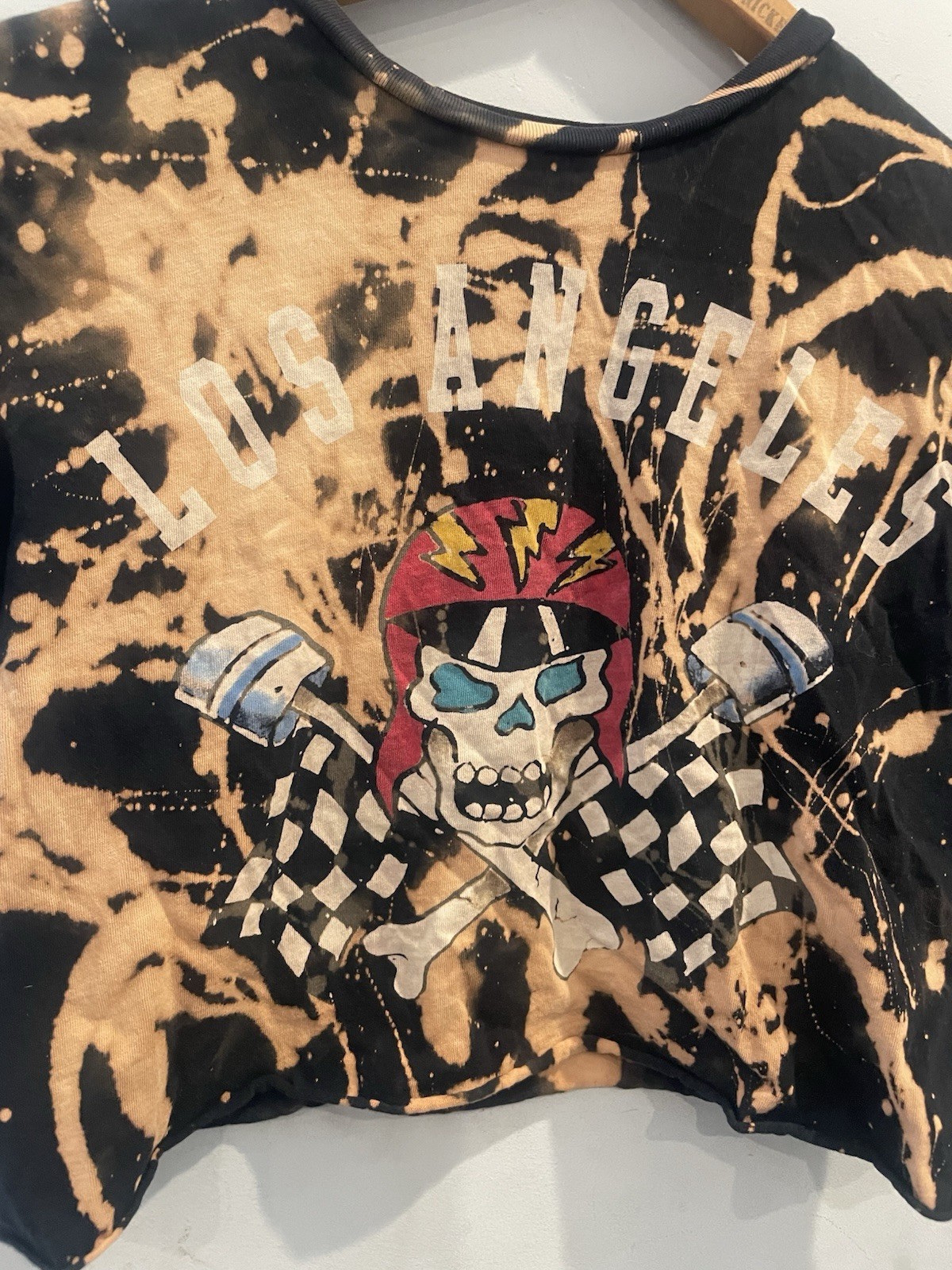Vintage Ed Hardy Y2K Crop Top Tshirt Bleach Skull Los Angelos Checkered Flags M