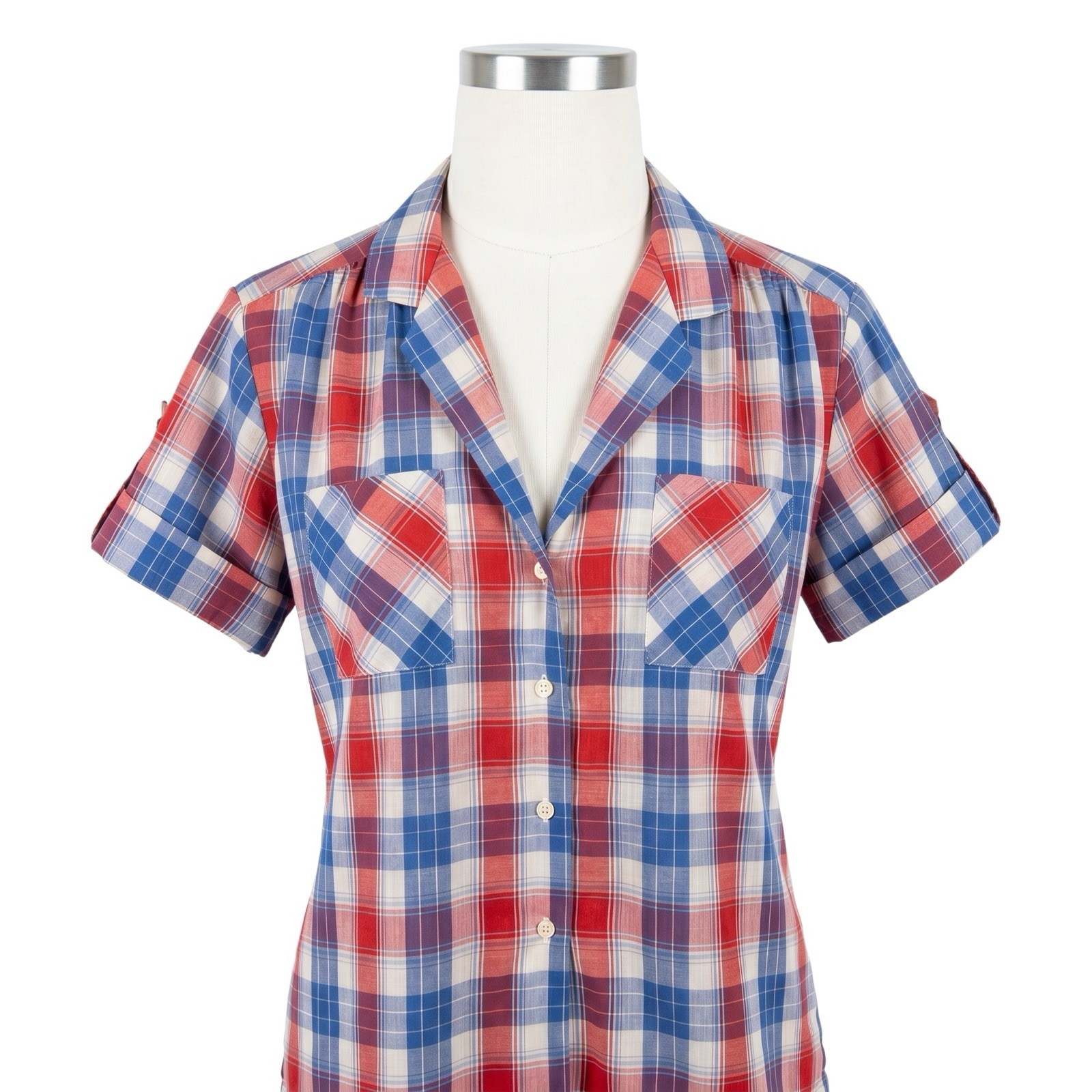 Vintage 70’s Patriotic Plaid Red White & Blue Button Top. Sm/Med Americana