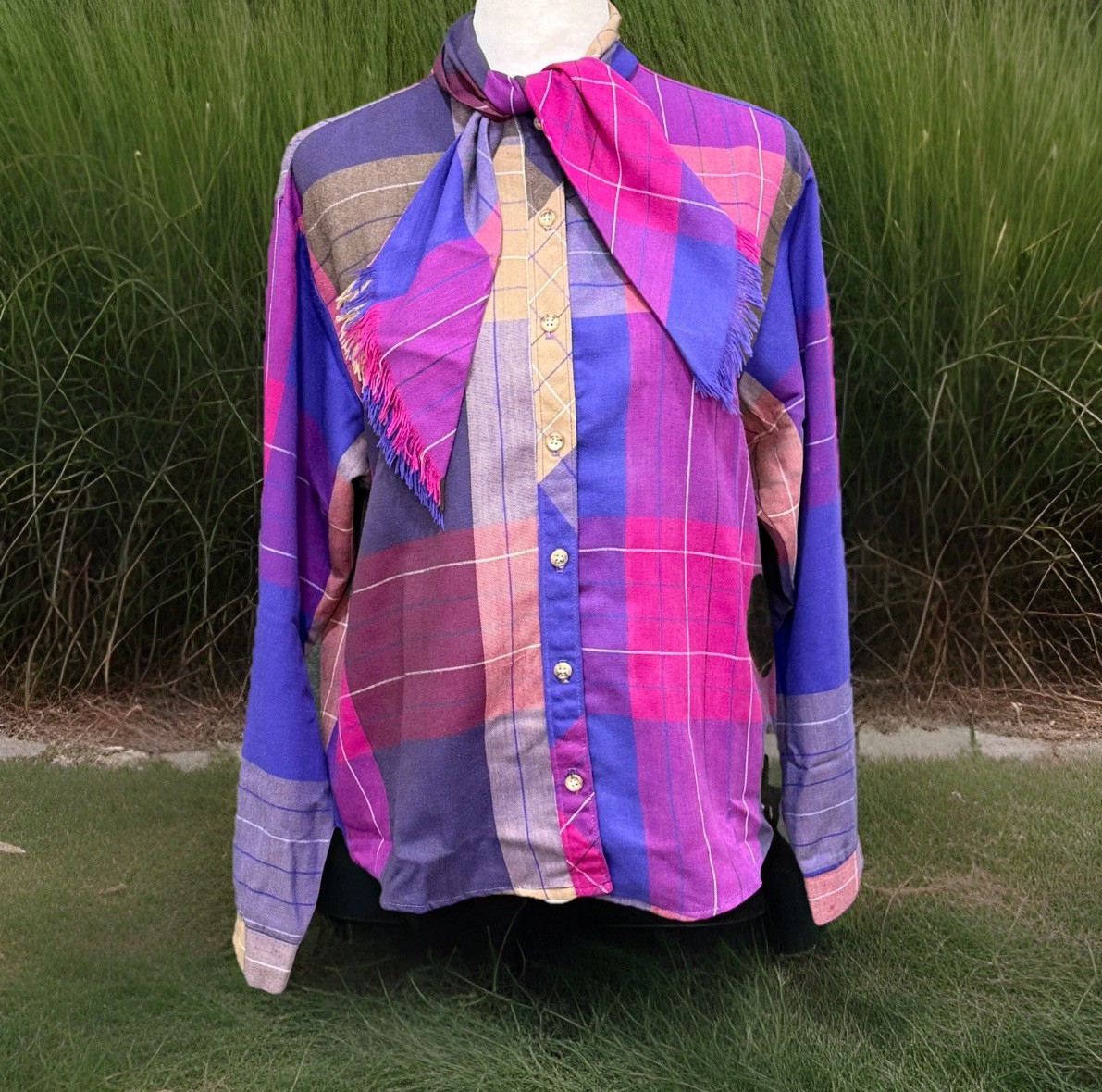 Vintage 1980s rrrrruss ILGWU Plaid Pussy Bow Long Sleeve Button Flannel Top, M/L