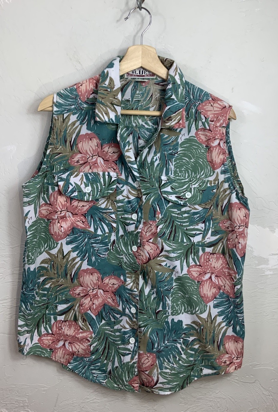 Vtg Cool Blues Women’s Medium Sleeveless Tropical Floral Shirt Cotton Poly 90s