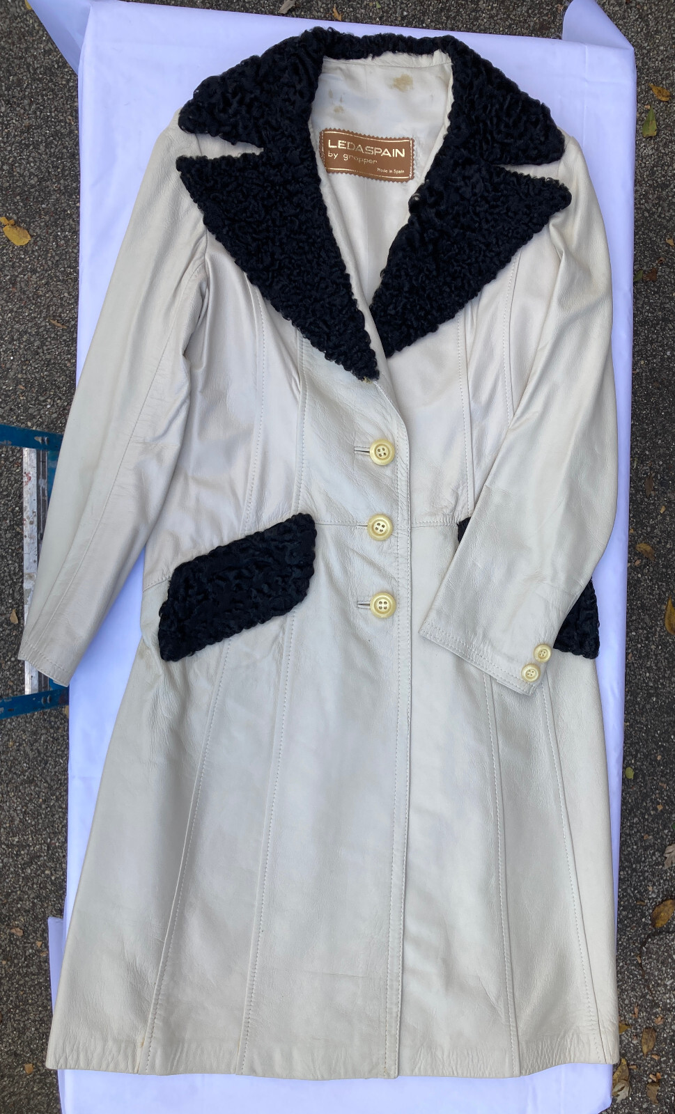 Leda Spain Gropper leather coat long curly fur vintage imperfect cream sz 12
