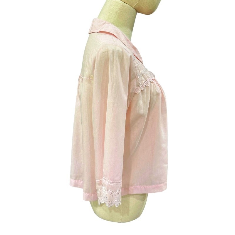 VTG Pink Bed Jacket M Sheer Lace Embroidered Lingerie Boudoir Soft Coquette Top