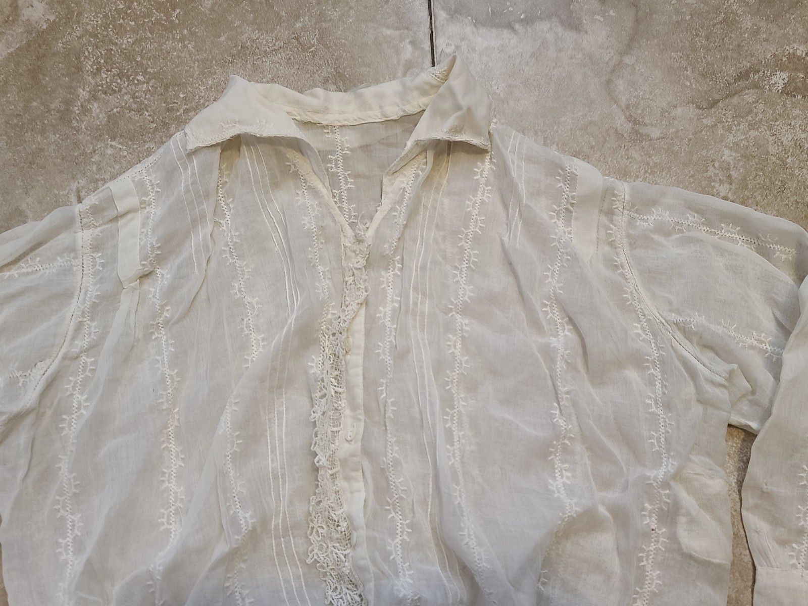Antique Edwardian Sheer Lacy Dressing Night Gown Shirt Blouse Prarie Wedding S
