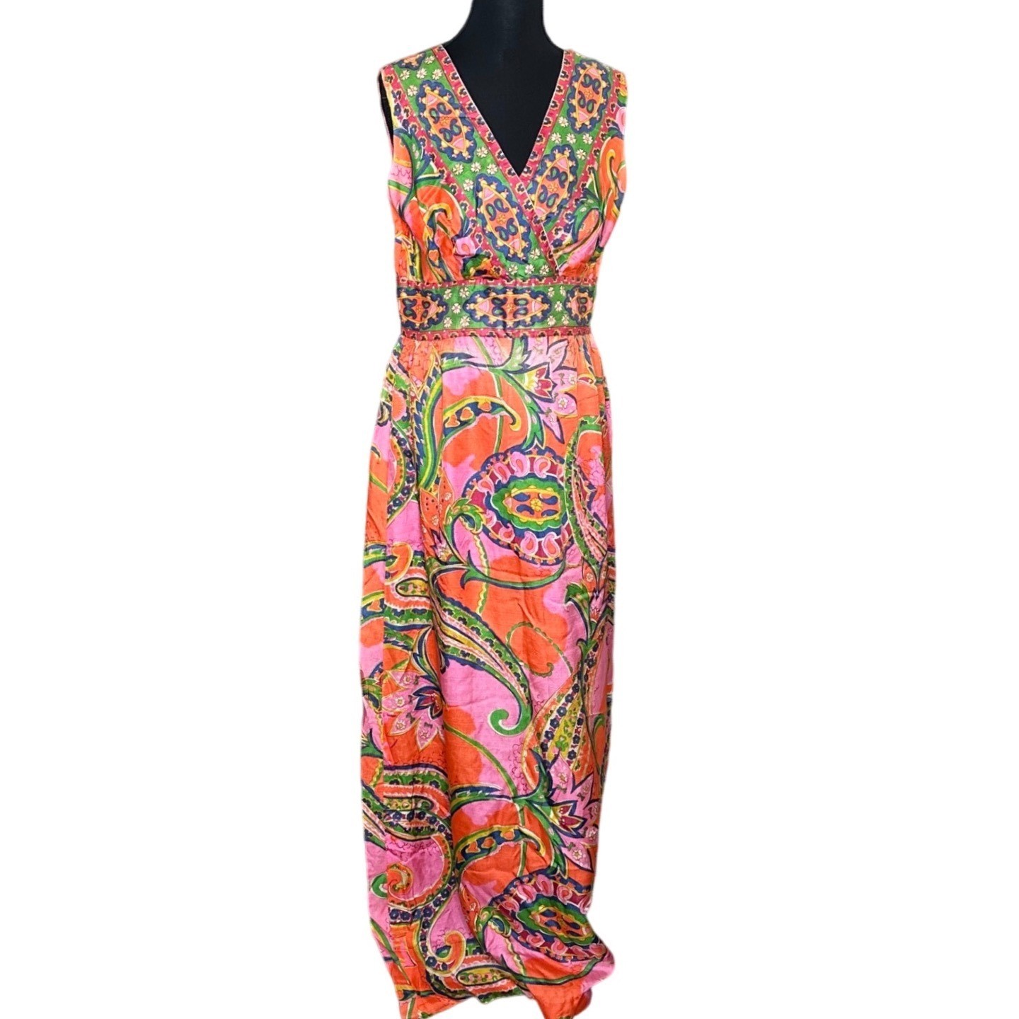 Vintage 70s Pink Orange Paisley Floral Psychedelic Maxi Dress Mod S/M Hostess