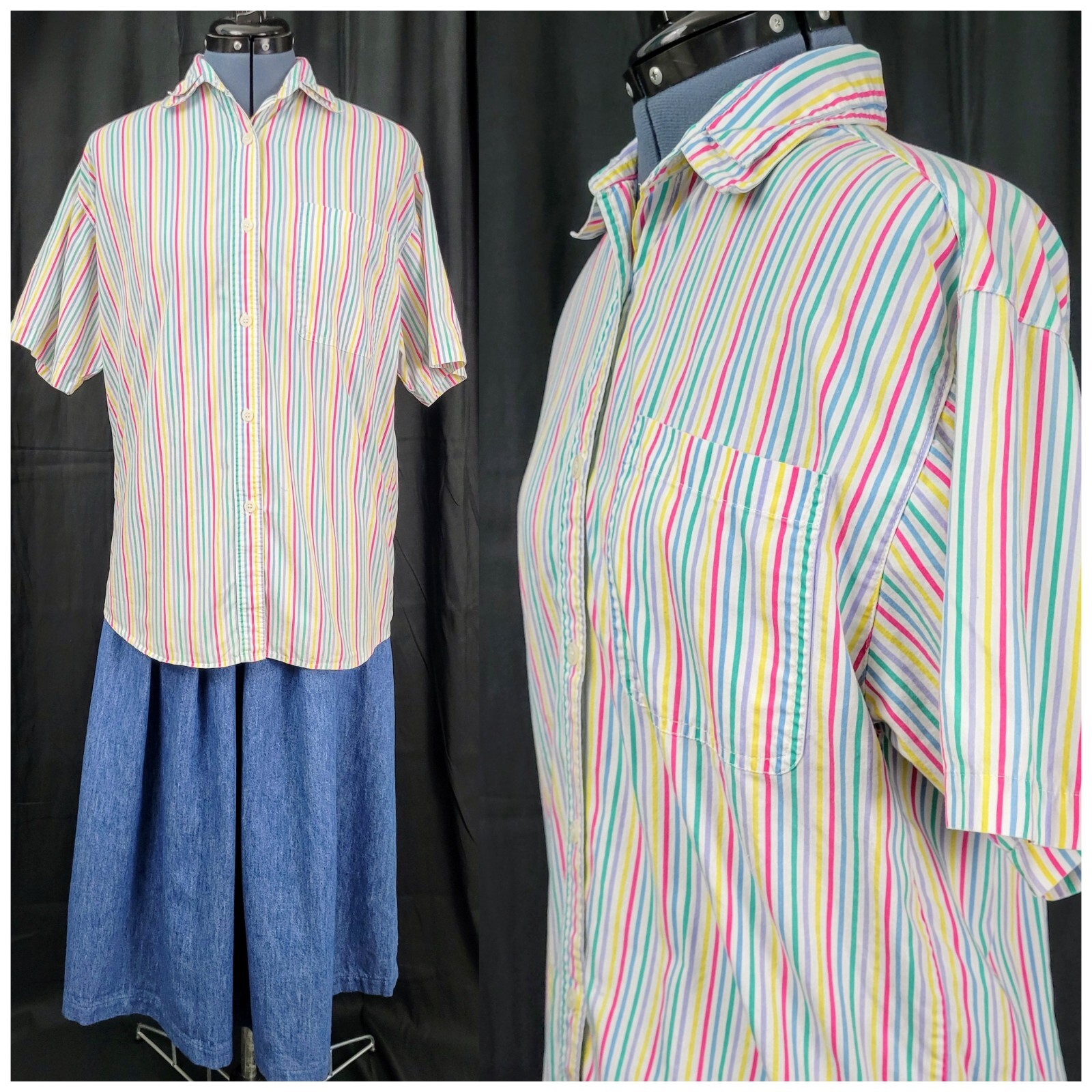 Vintage Gitano Rainbow Striped Button Down Top w Double Collar Size M