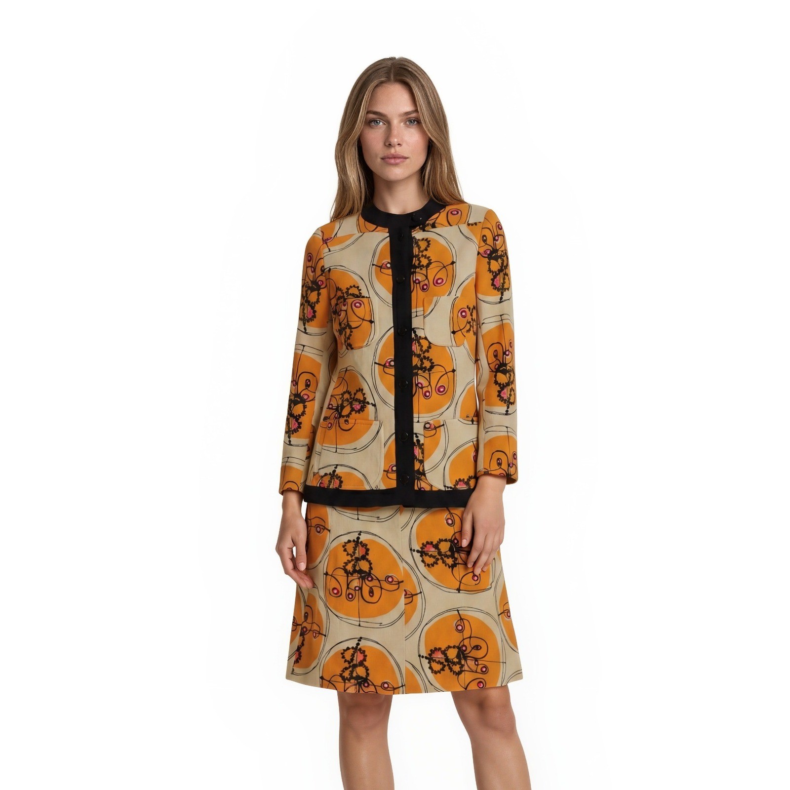 Emanuel Ungaro Skirt Suit Women’s Size 6 Orange Abstract Mod Vintage 1960s Paris