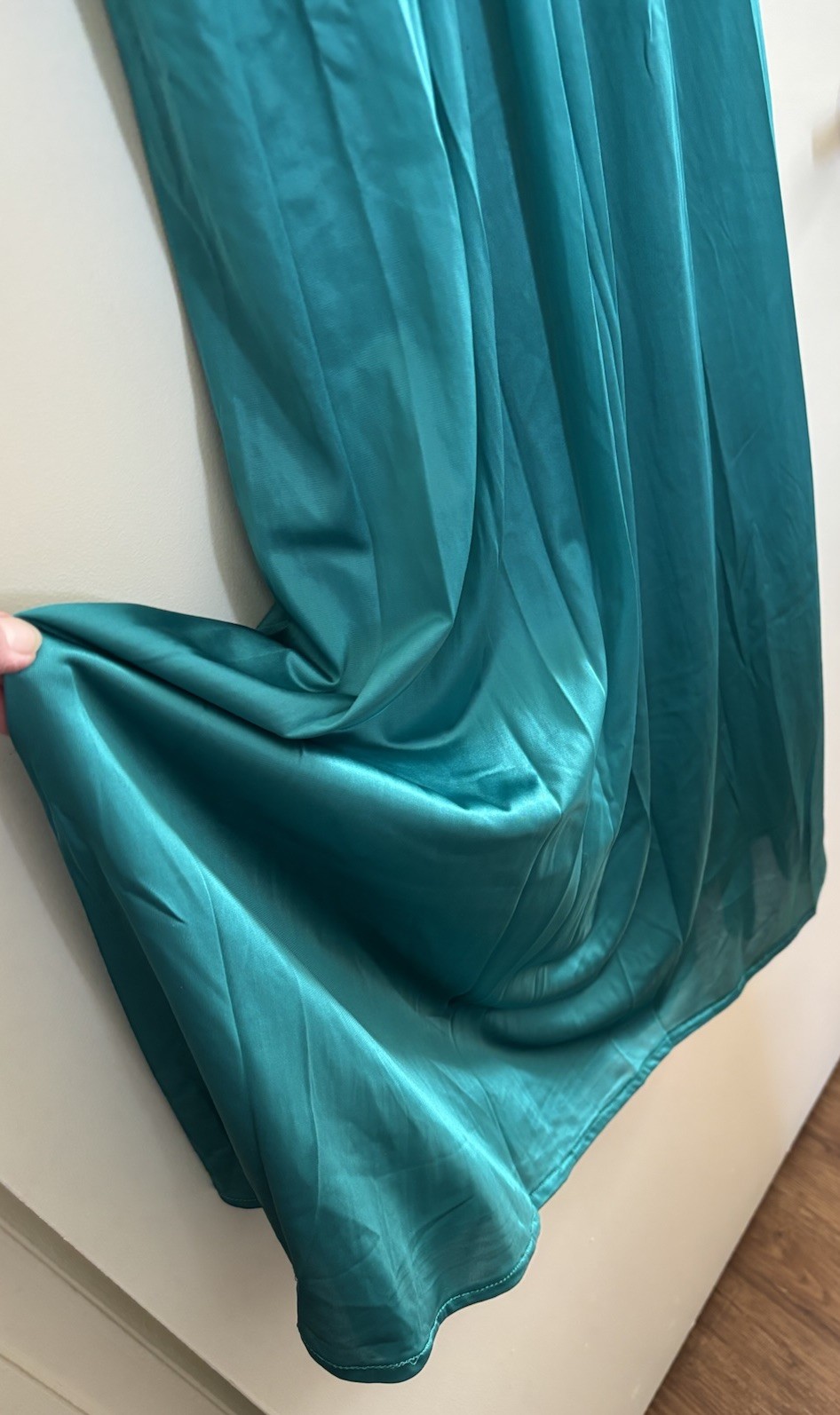 Vtg 1970s Miss Elaine Long Gown Teal Sz S Petite Union Made Lace Trim