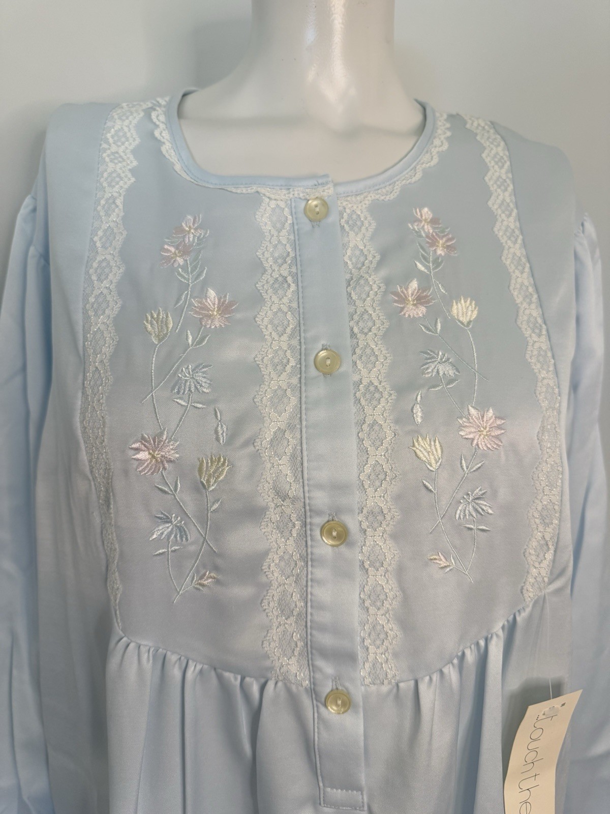 Vintage Miss Elaine XL Granny Long Nightgown Gown Lt Blue Embroidered Lace NWT