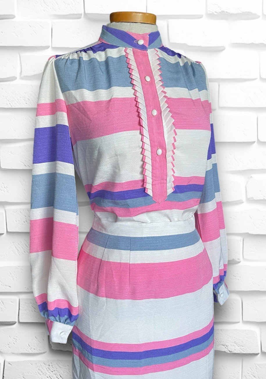 1960’s Pink, Purple, White & Grey Striped Skirt & Long Sleeve Ruffle Shirt Set