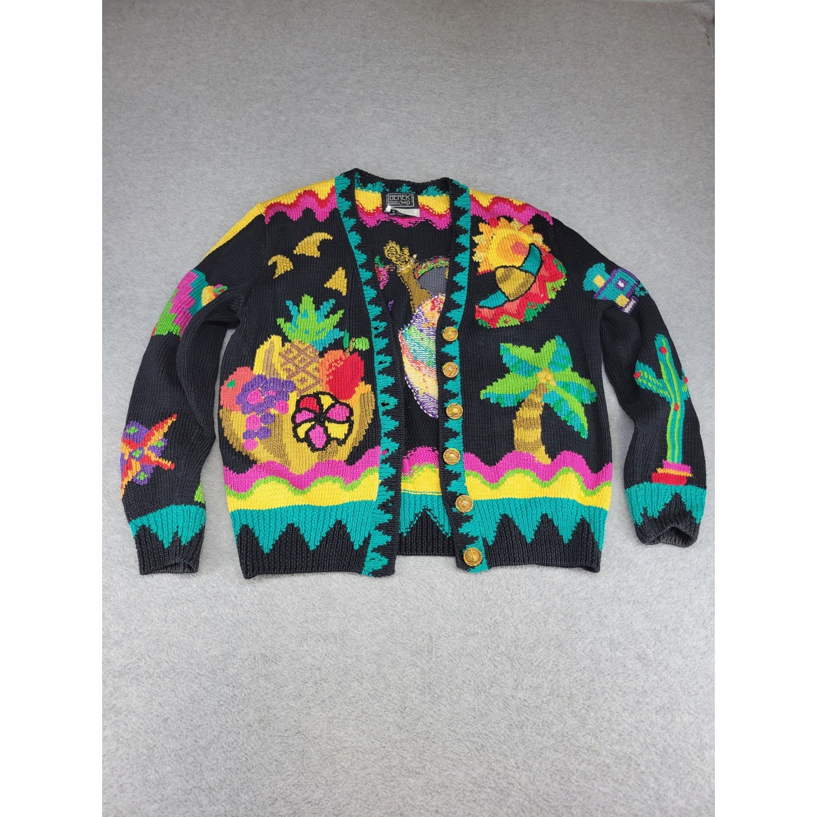 Berek Vintage Hand Knit Pima Cotton Tropical Fruit Cardigan Bergdorf Goodman L