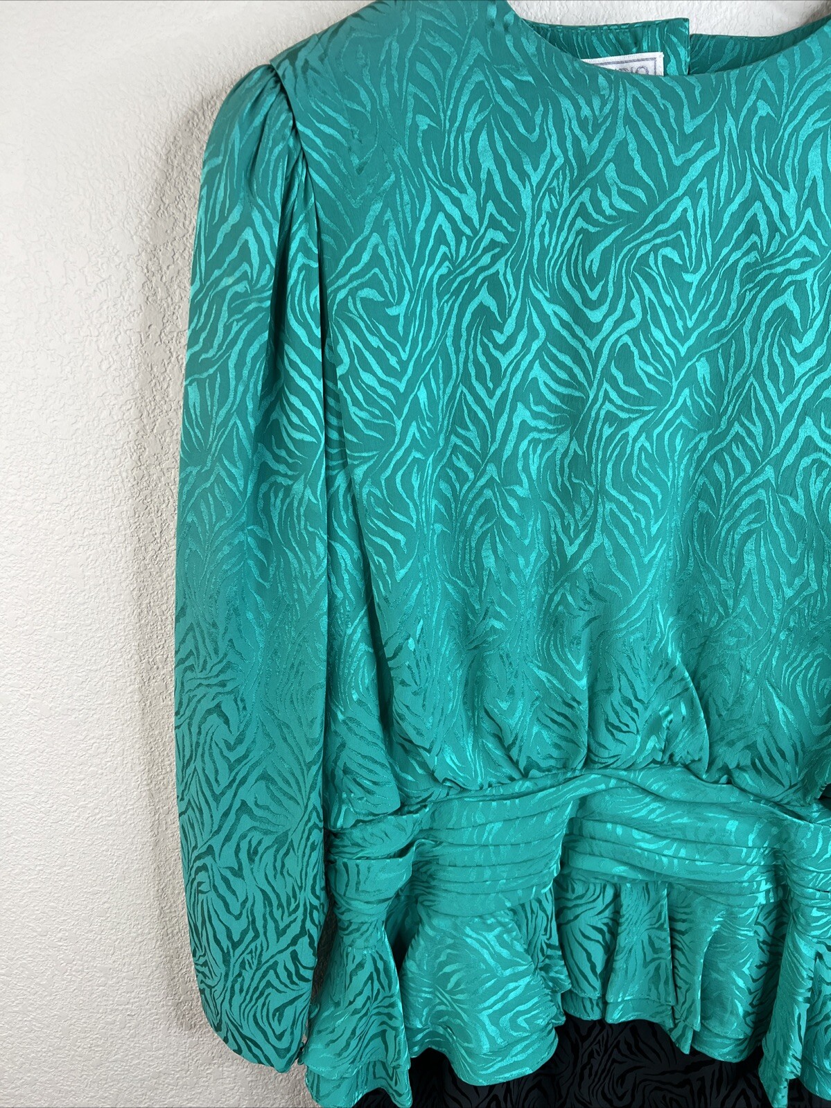 Vintage 1980s Silk Studio 100% Silk Green Black Peplum Dress Size 12 Petite