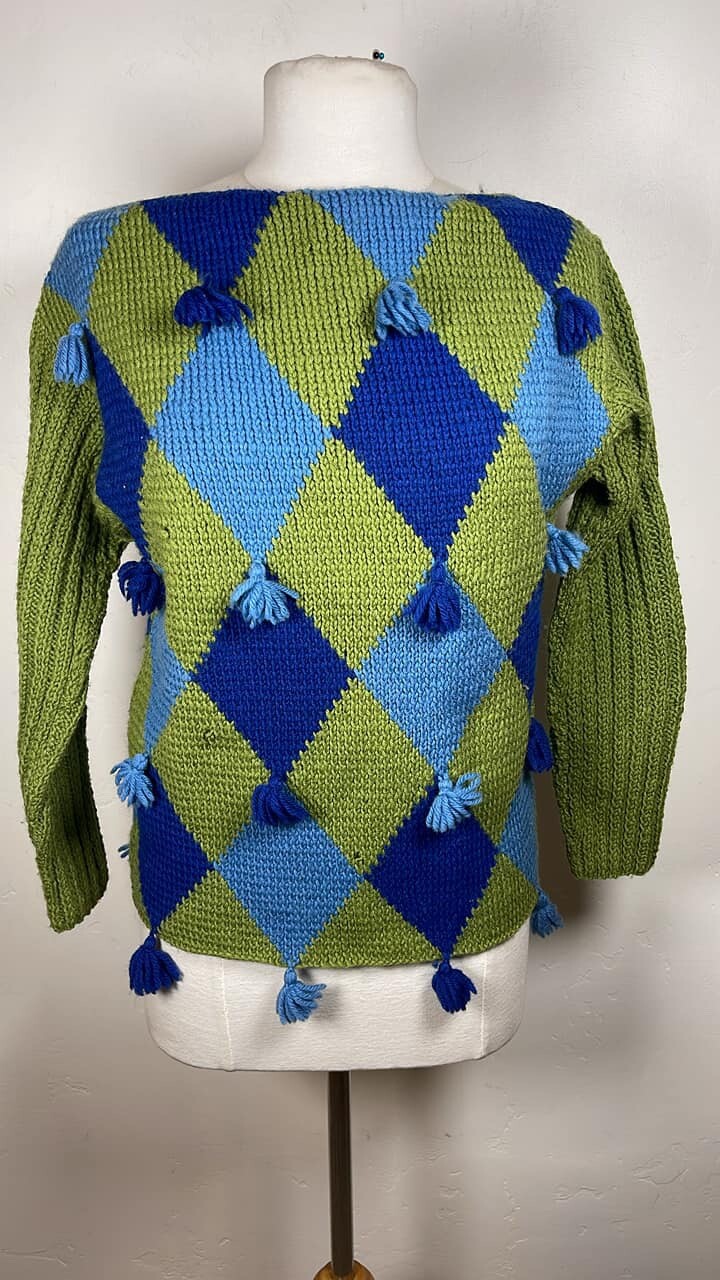Vintage 1960’s harlequin boatneck wounded hand knit sweater w pompoms as is