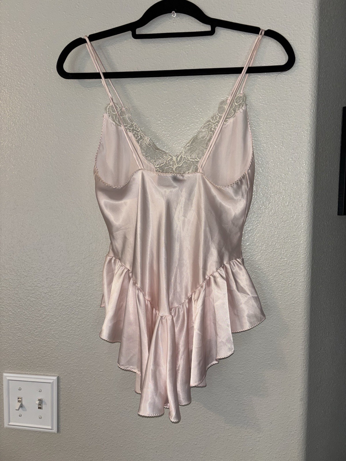 Vtg 80s Donna Richard Pink Satin Teddy Bodysuit Ruffle Lace Lingerie Petite XS S