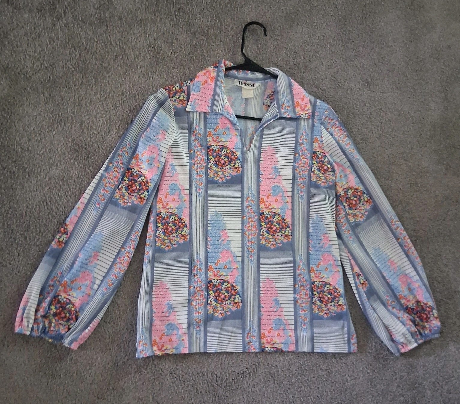 VTG 70s Trissi Floral Striped Blouse Shirt Small Pastel Disco Cottagecore