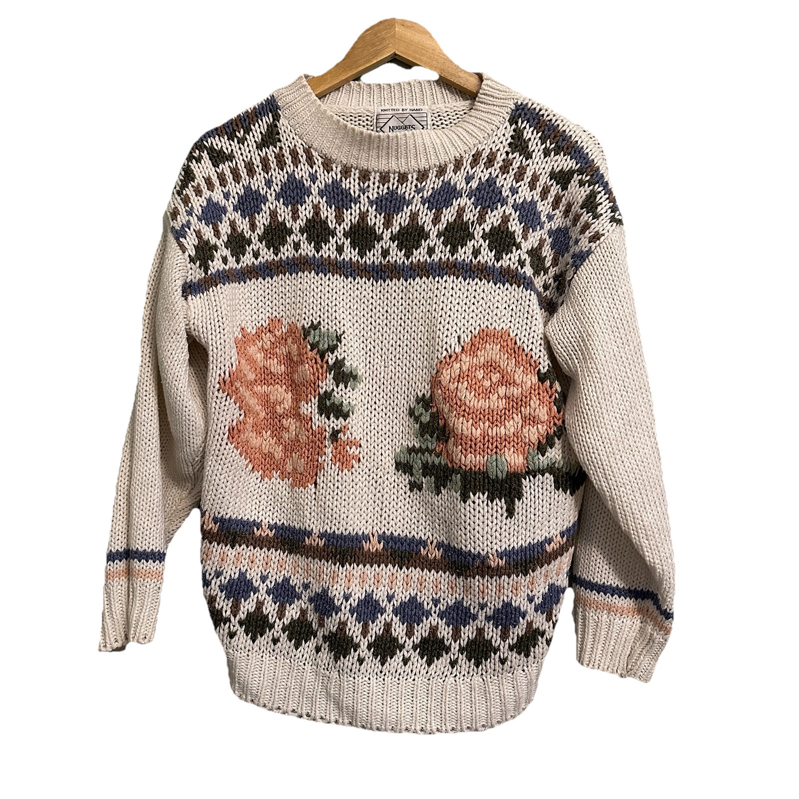 Vintage Hand Knit Sweater Womens L Cream Floral Fair Isle Chunky Cotton Cottage