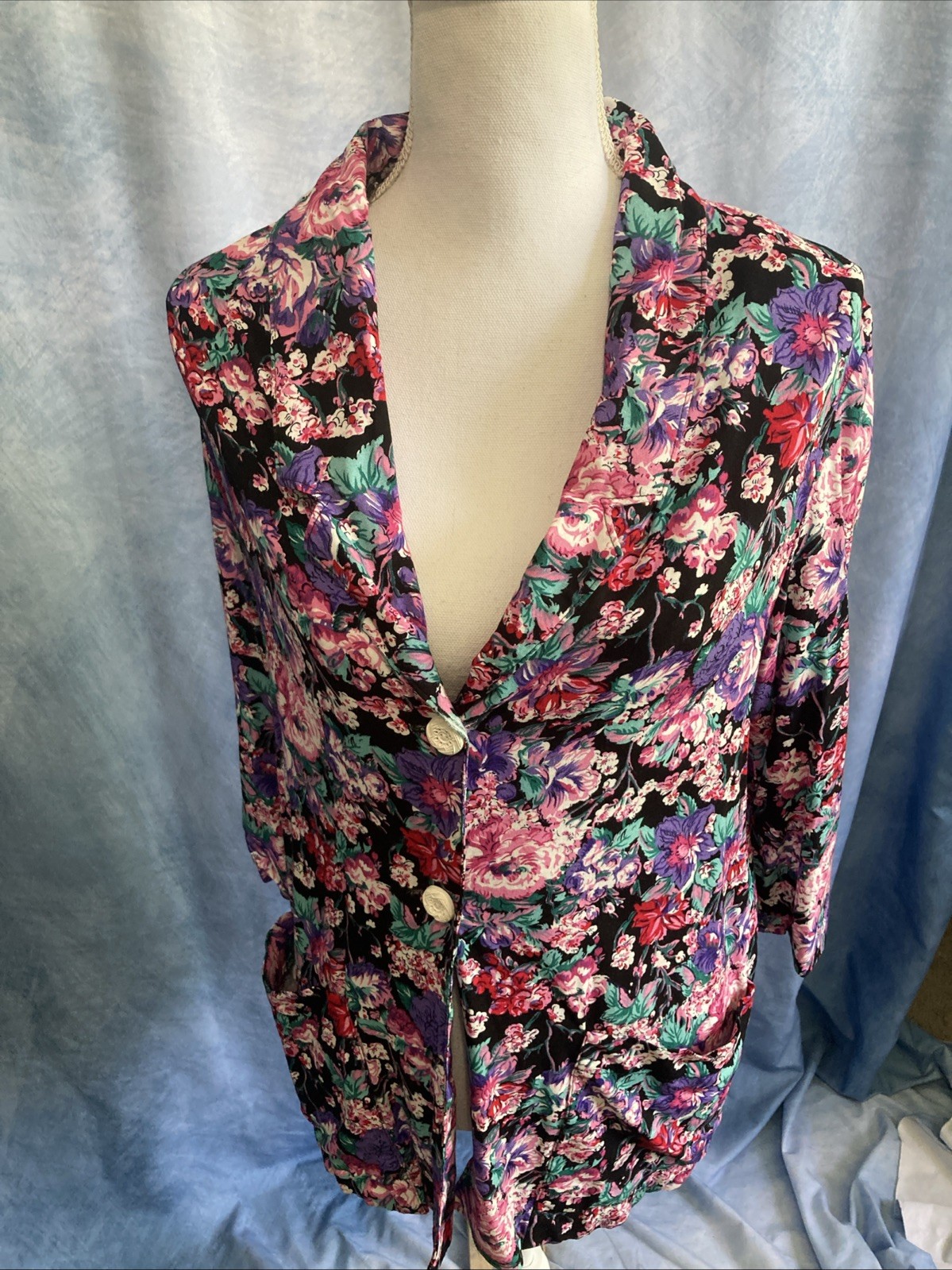VTG 80s Sag Harbor Floral Blazer Jacket 10 Rayon USA Longline Whimsygoth Avant