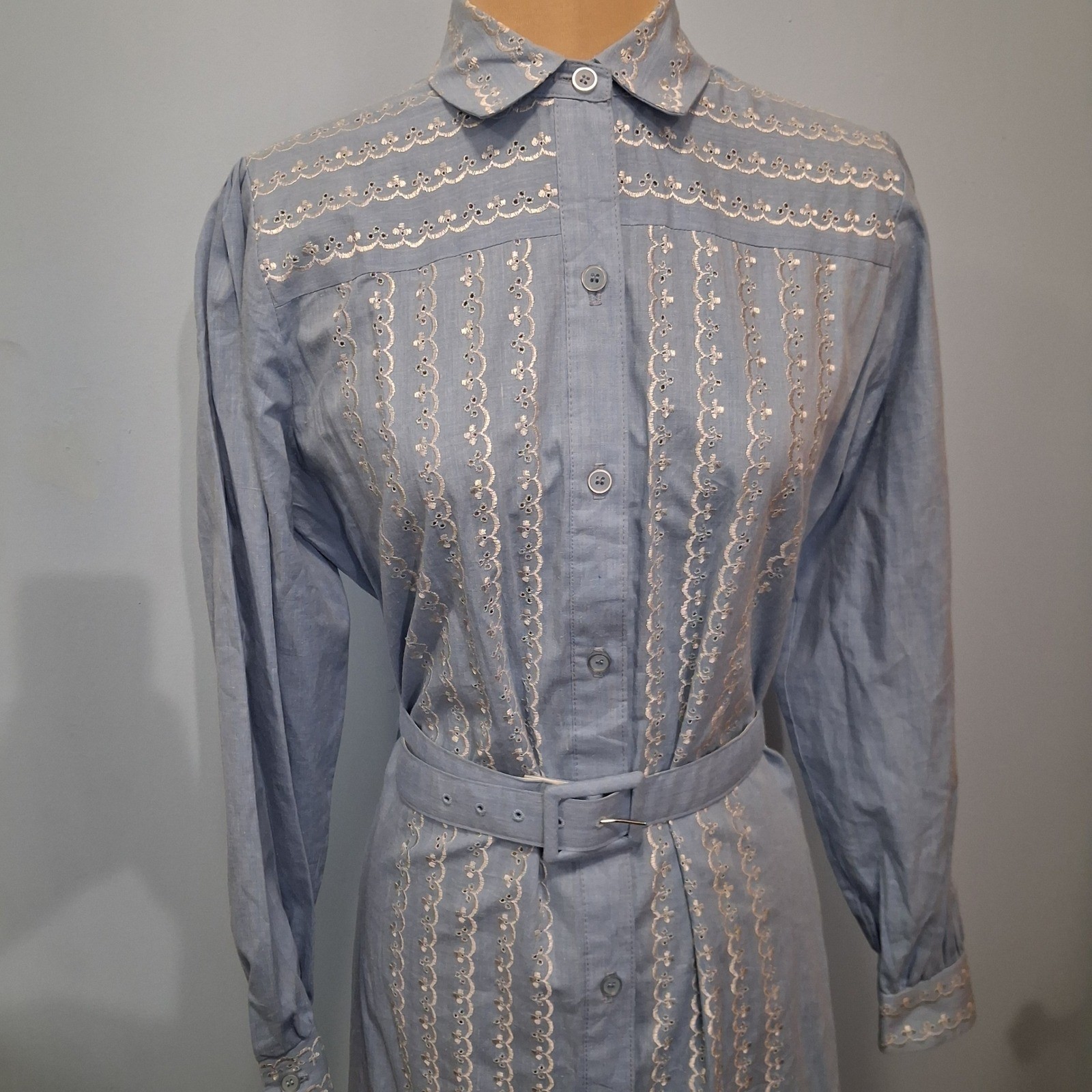 Serbin Marianne Shirt Dress Rockabilly Blue Eyelet Embroidered Belted SZ 10 USA