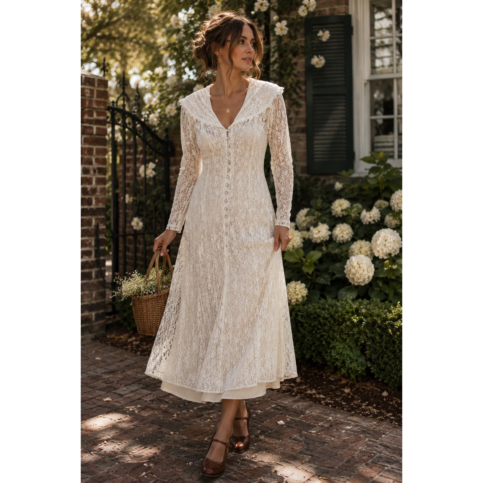Vintage Betsy’s Things Ivory Lace Prairie Midi Dress USA Romantic Cottagecore M