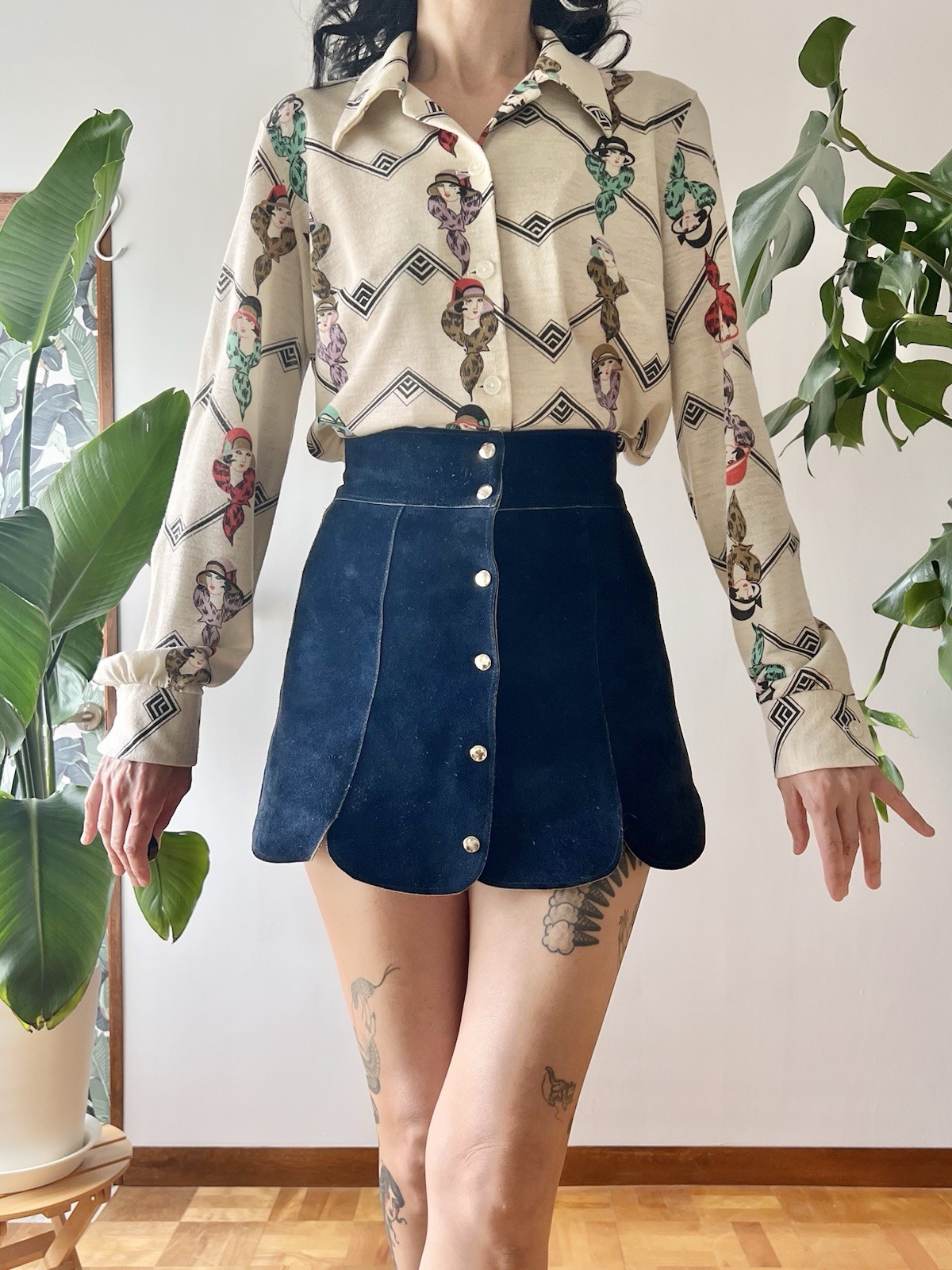 70s Art Deco Lady Face Portrait Novelty Print Blouse Geometric Button Up Shirt