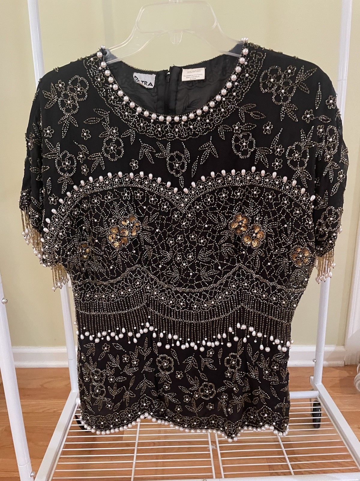 Vintage Patra Black Tie sequin beaded top. 100% Pure Silk. Women’s Size 8 NWOT