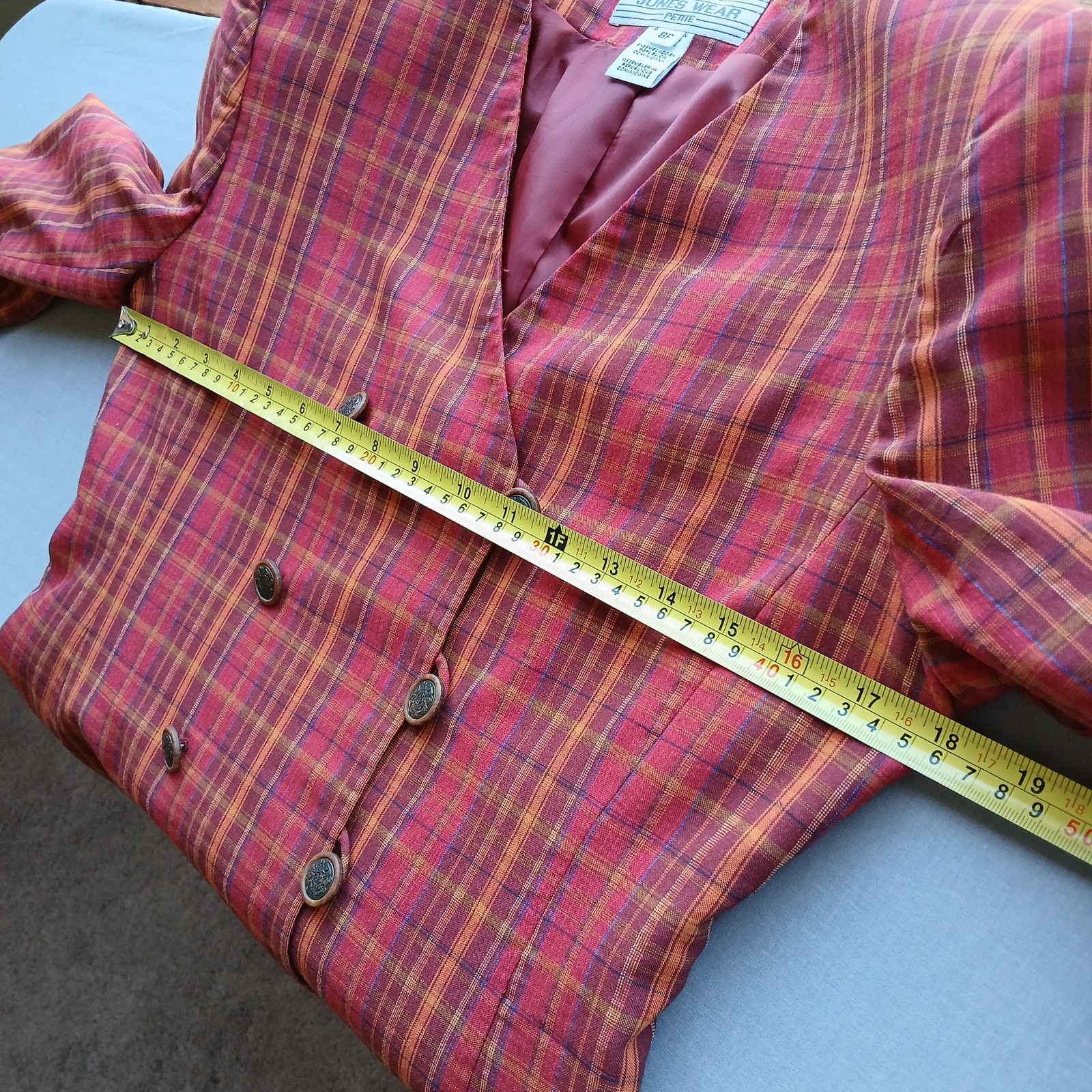 Jones Wear Petite VTG Plaid Orange Red Blazer size 8P professional office attire
