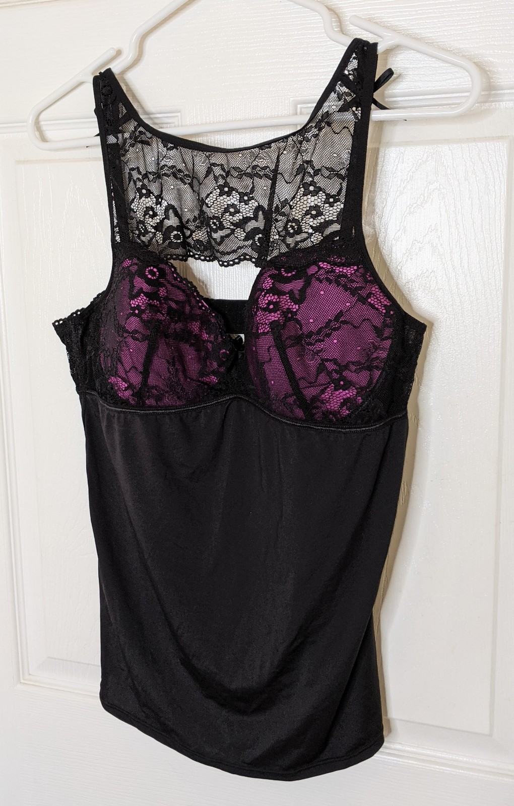 Vintage Fredericks Of Hollywood Black Lace Cami w/ Hot Pink Bra Cups Size XL