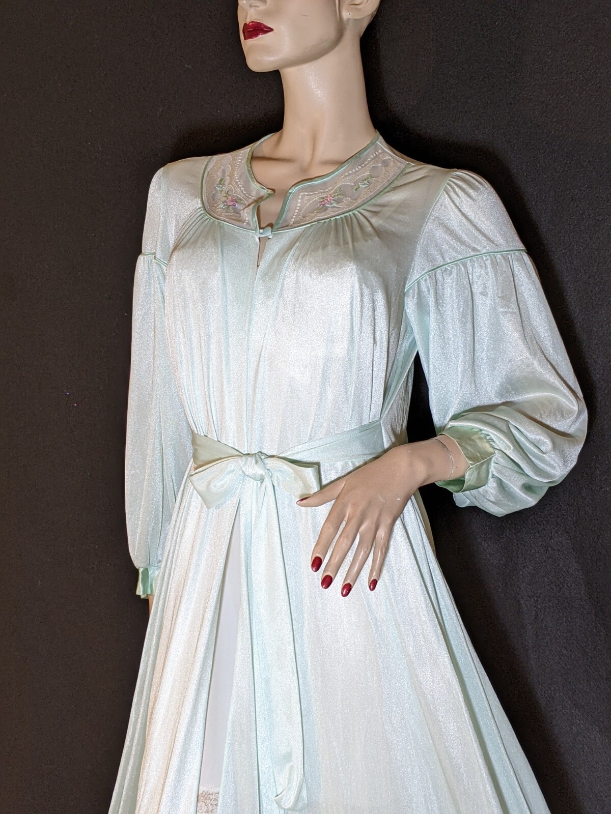 Vintage SEARS Shimmery Green Draped Back Dress Gown Peignoir Long Nylon Robe M