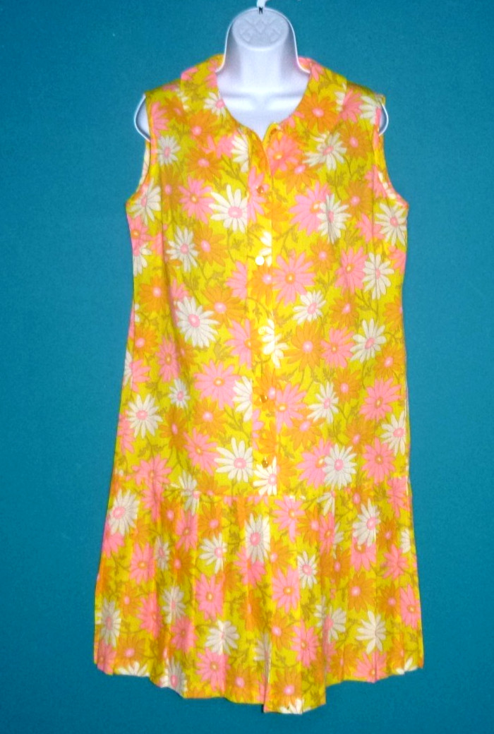 Vtg 60s Flower Power Shirt Dress Dropped Waist Pleated Skirt Sz L Japan