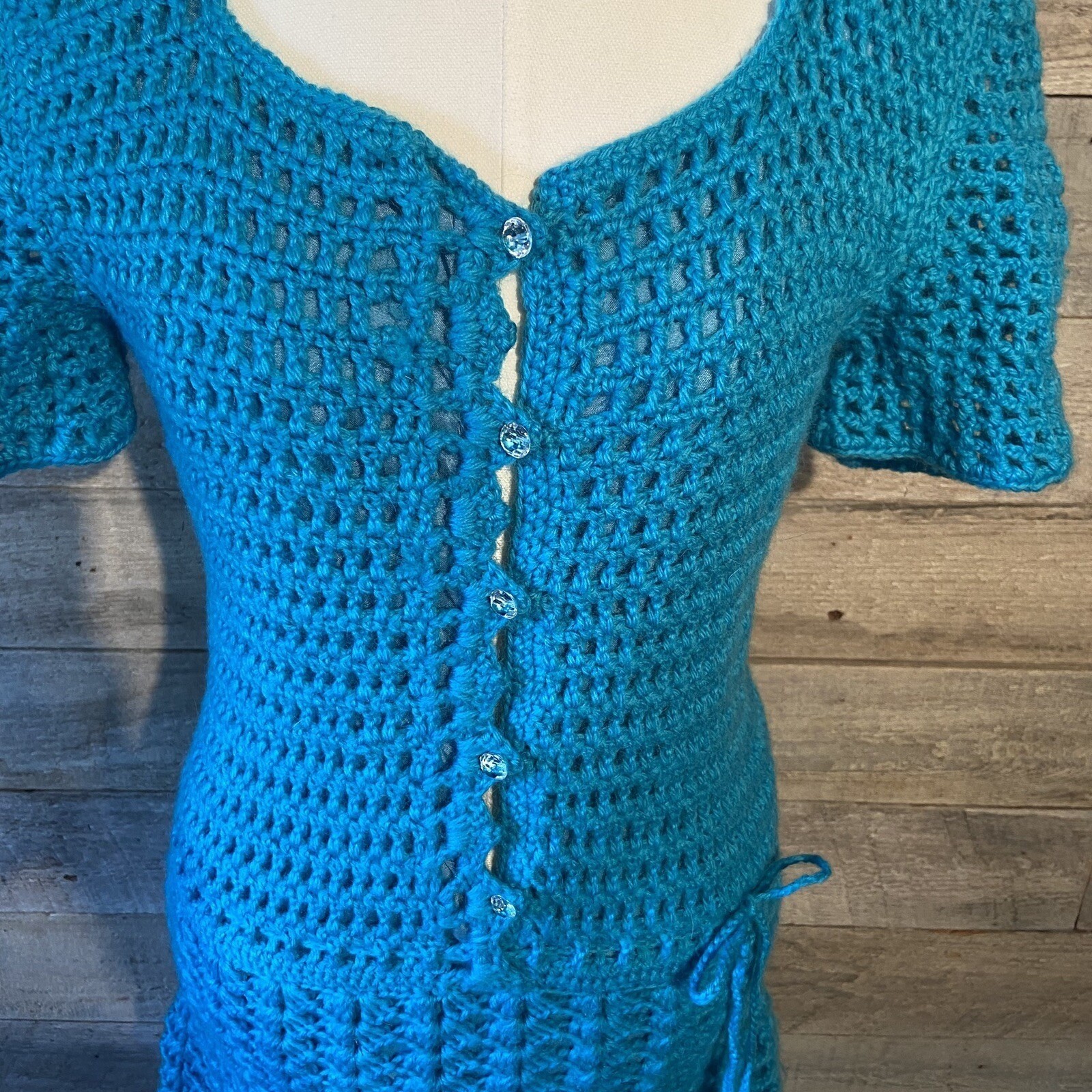 EUC Vintage Handcrafted Crocheted Lined Fit & Flare Blue Dress Size Small