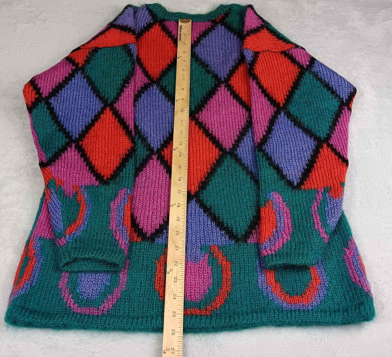 Vintage 1980s Geometric Argyle Pattern Pullover Sweater Mohair Wool M/L